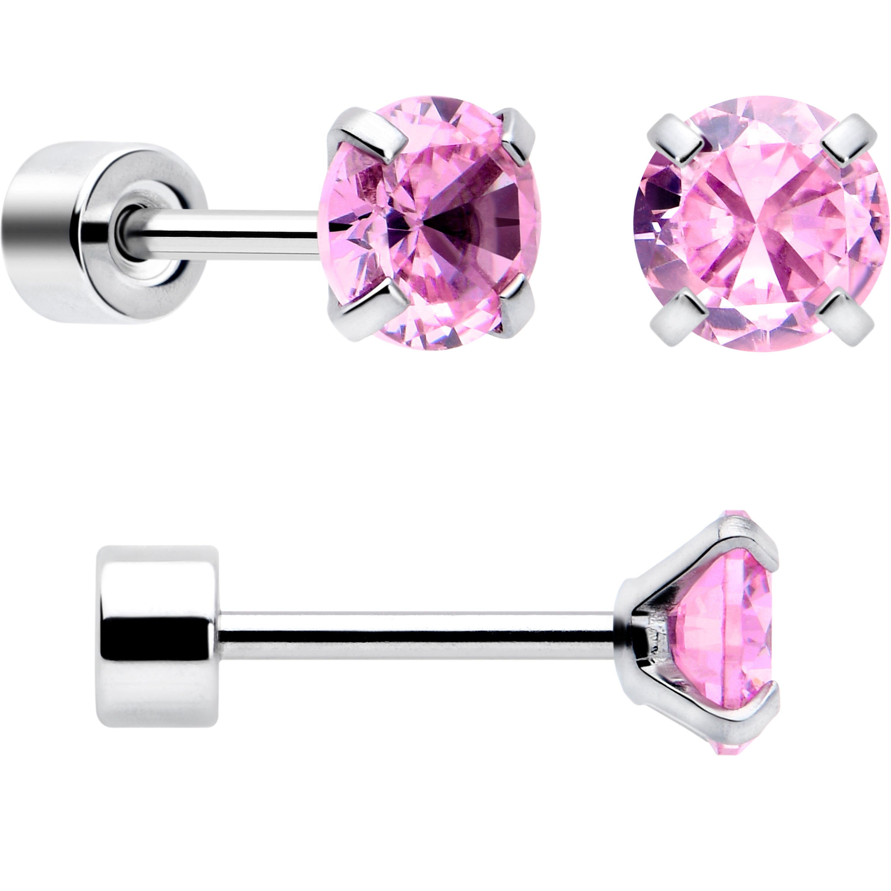 Pink CZ Flat Back Stud Earrings - 3 Pairs