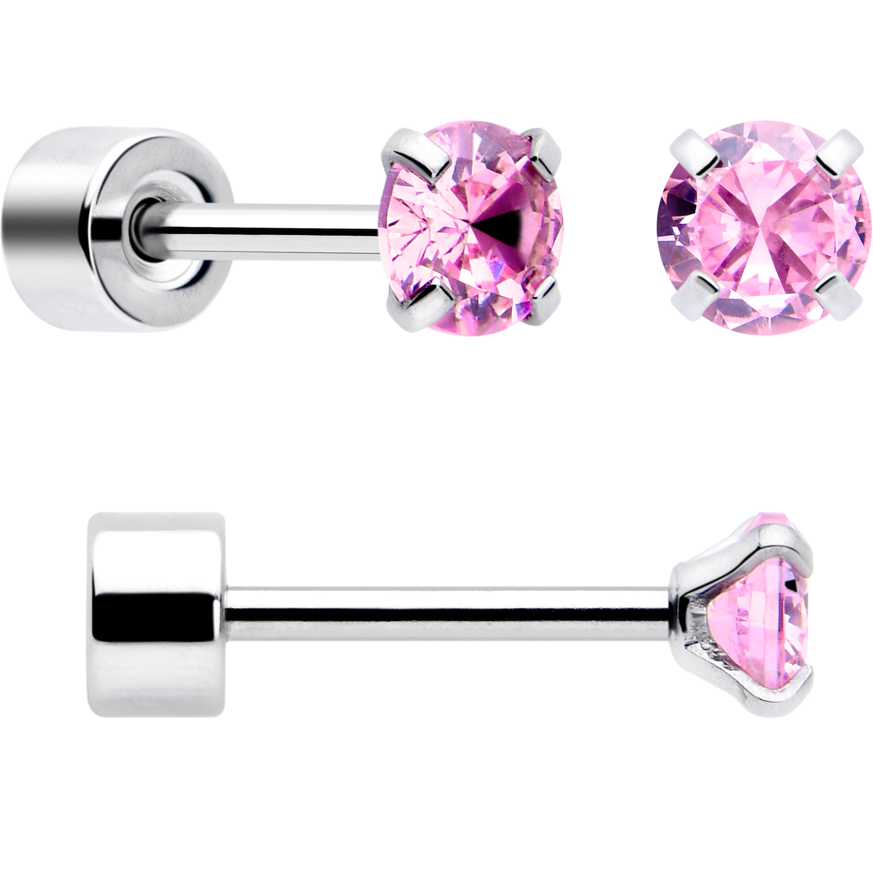 Pink CZ Flat Back Stud Earrings - 3 Pairs