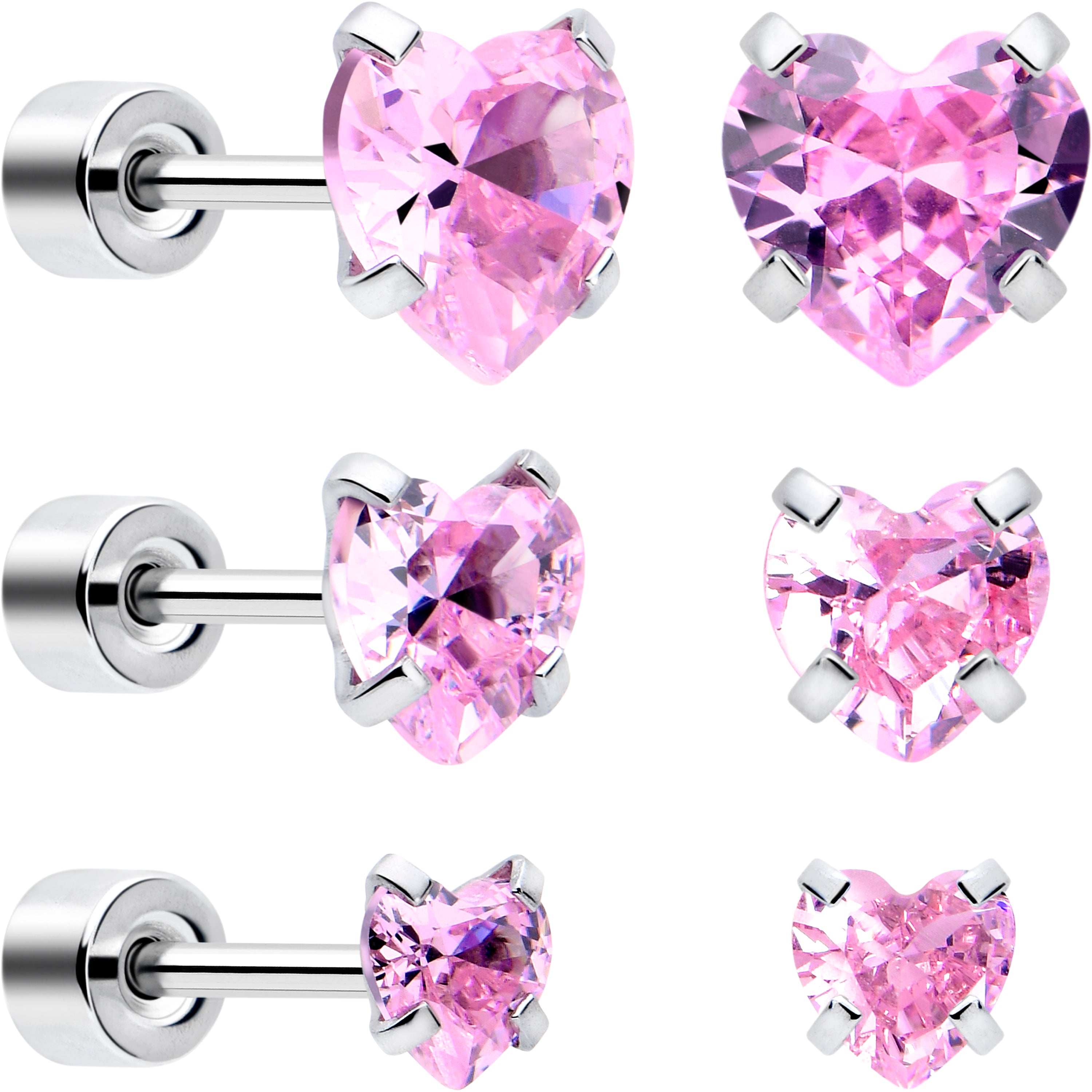 Pink Heart CZ Flat Back Stud Earrings - 3 Pairs