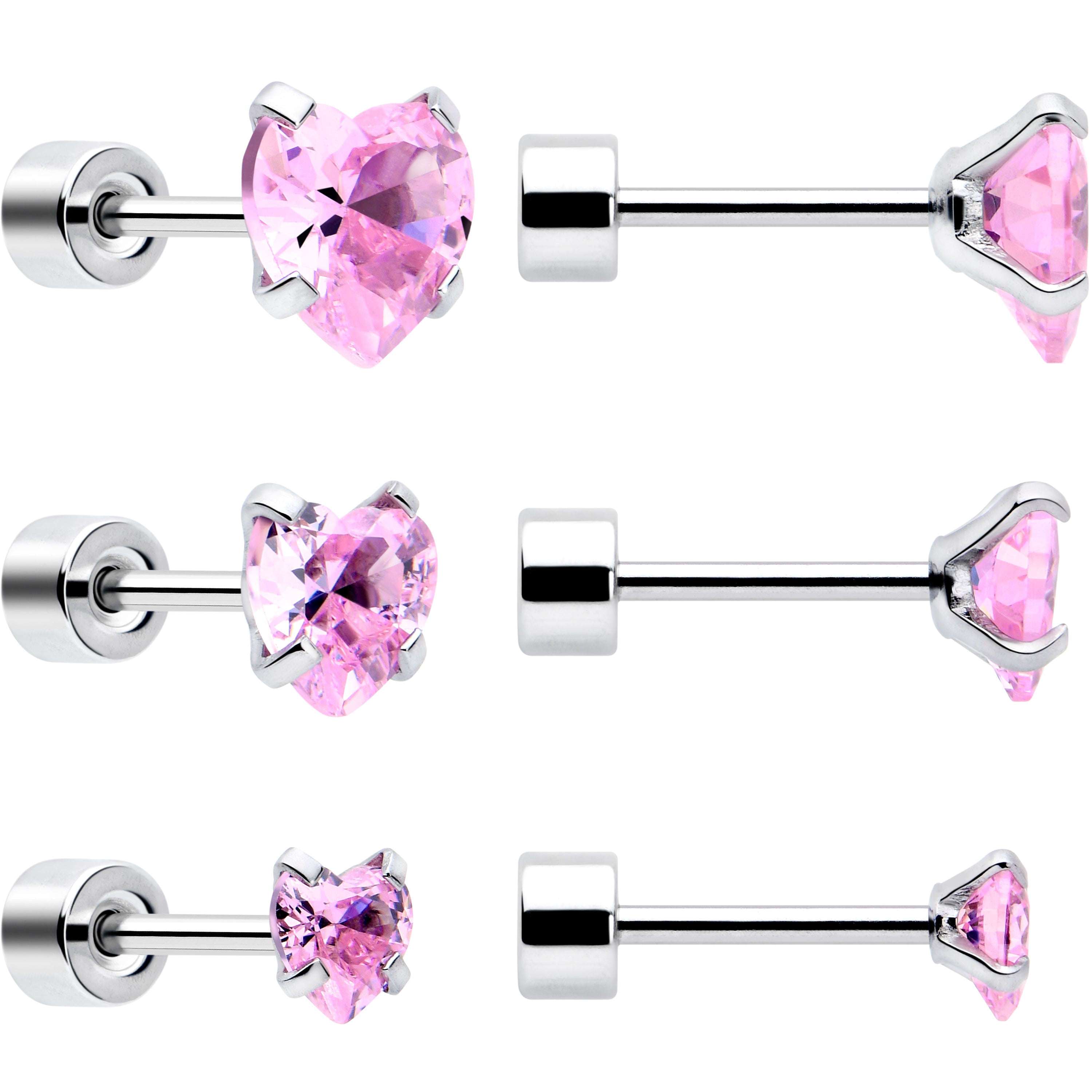 Pink Heart CZ Flat Back Stud Earrings - 3 Pairs