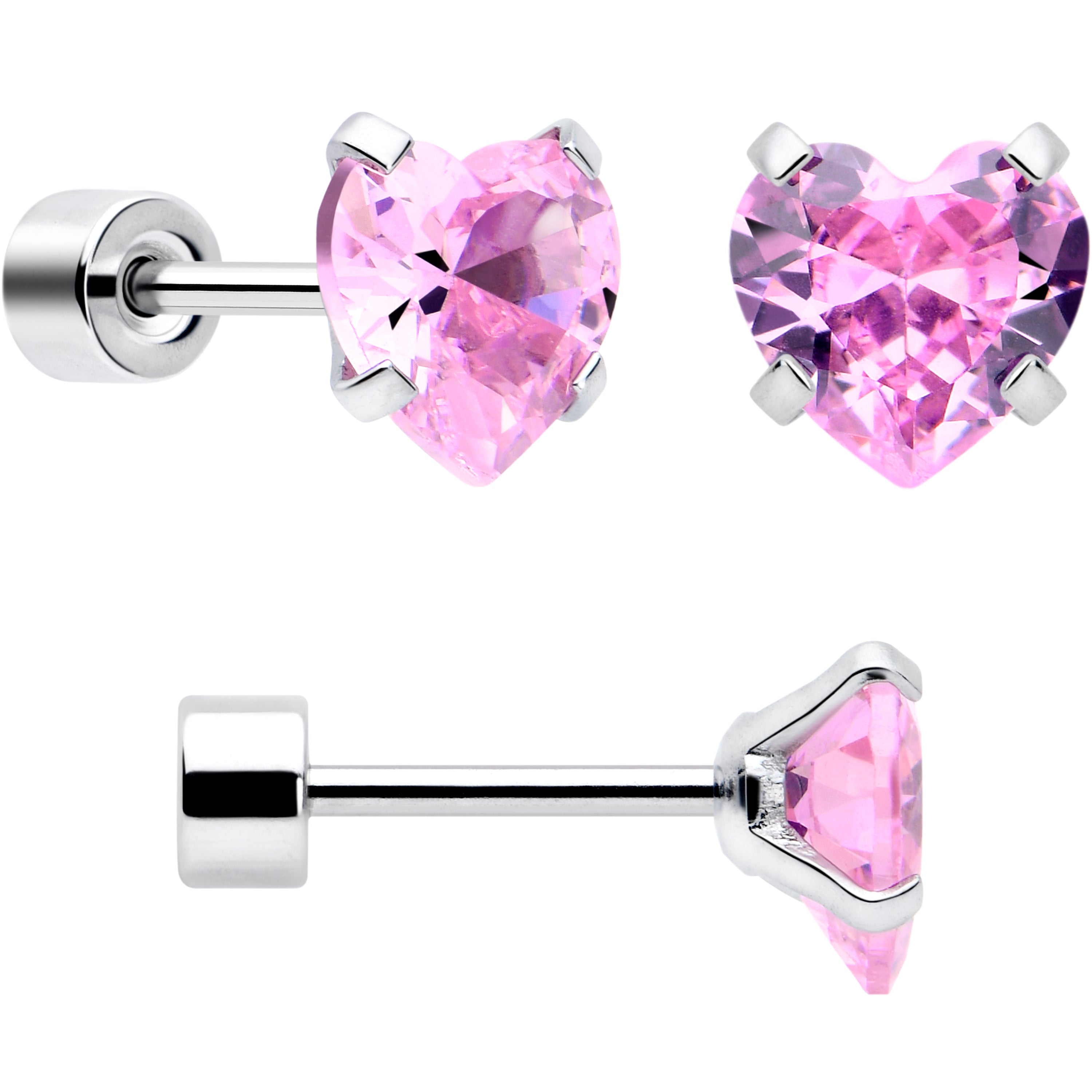 Pink Heart CZ Flat Back Stud Earrings - 3 Pairs