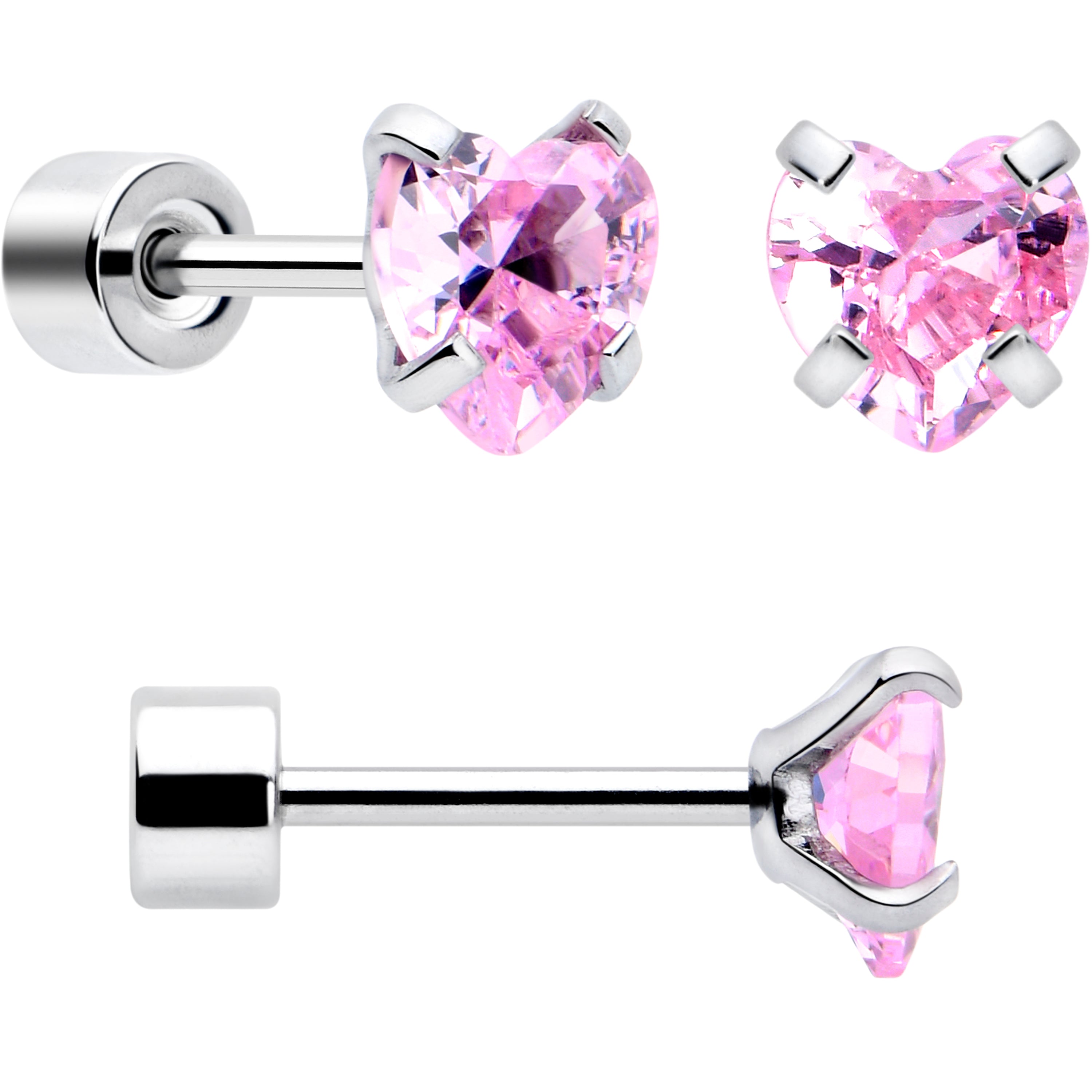 Pink Heart CZ Flat Back Stud Earrings - 3 Pairs