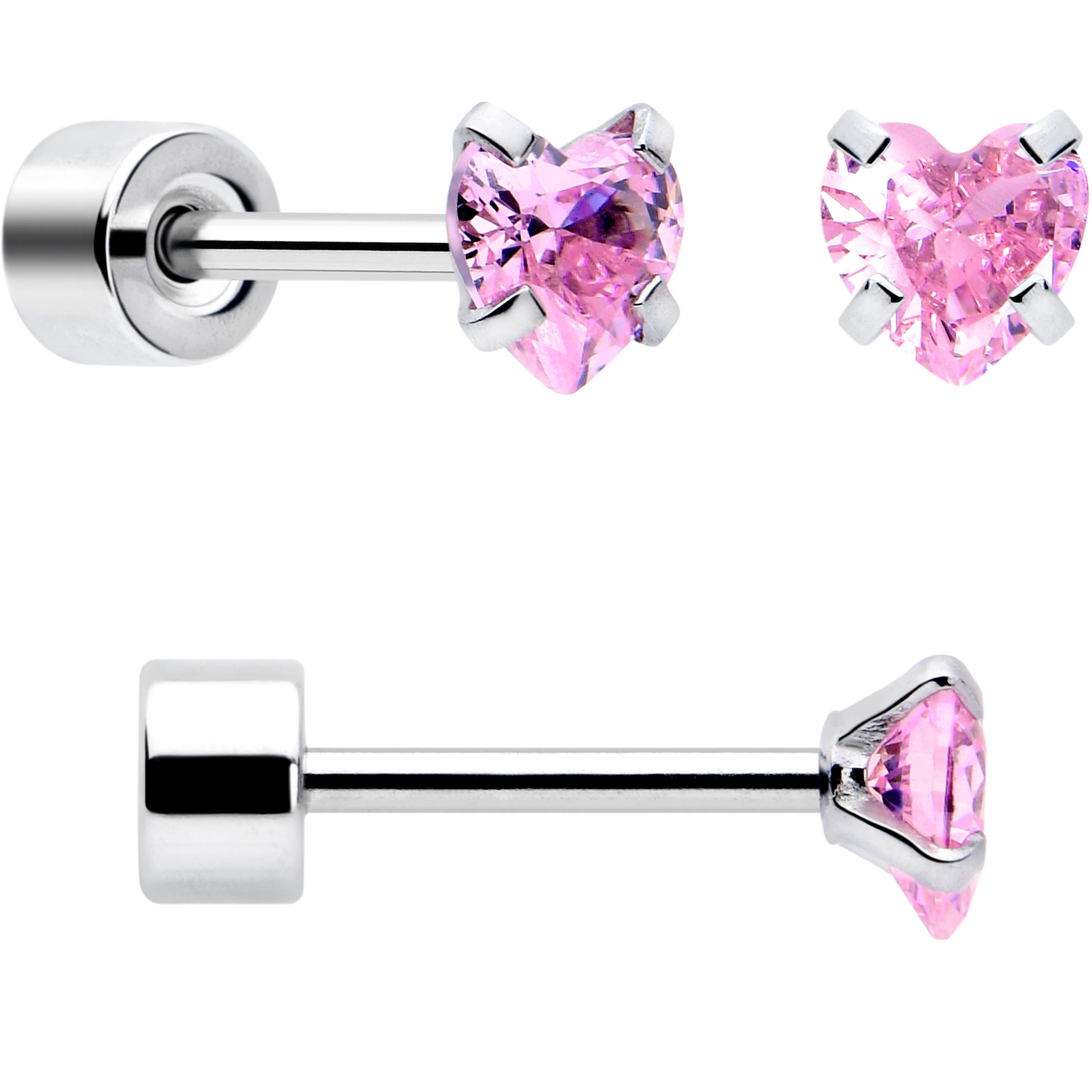 Pink Heart CZ Flat Back Stud Earrings - 3 Pairs