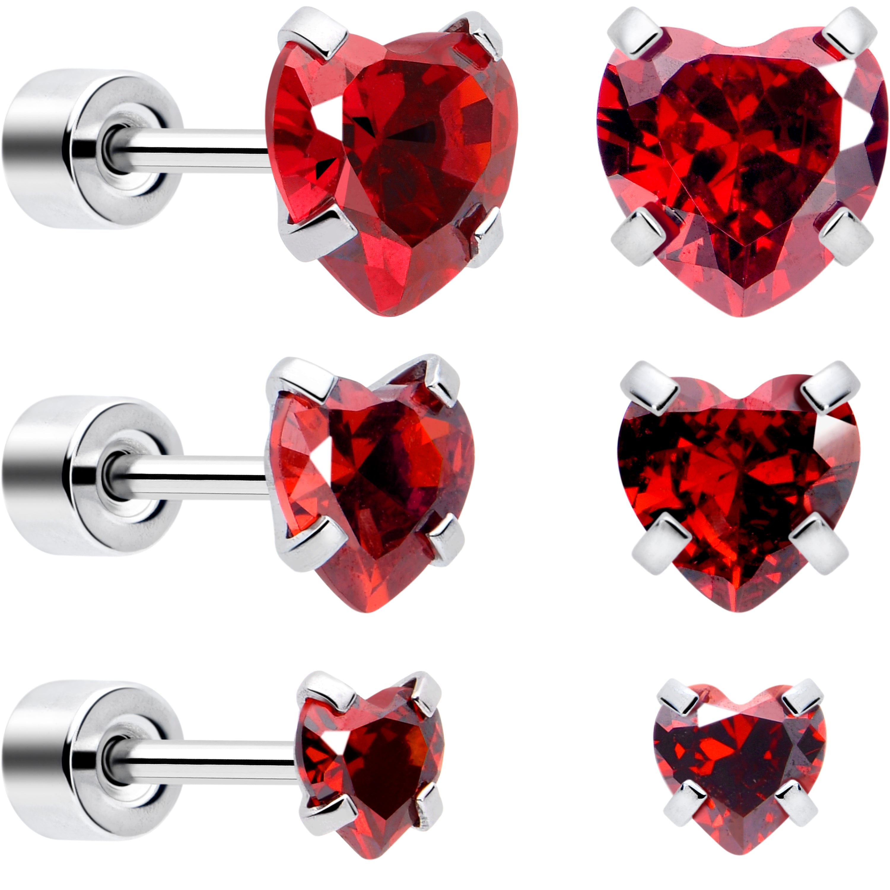 Red Heart CZ Flat Back Stud Earrings - 3 Pairs