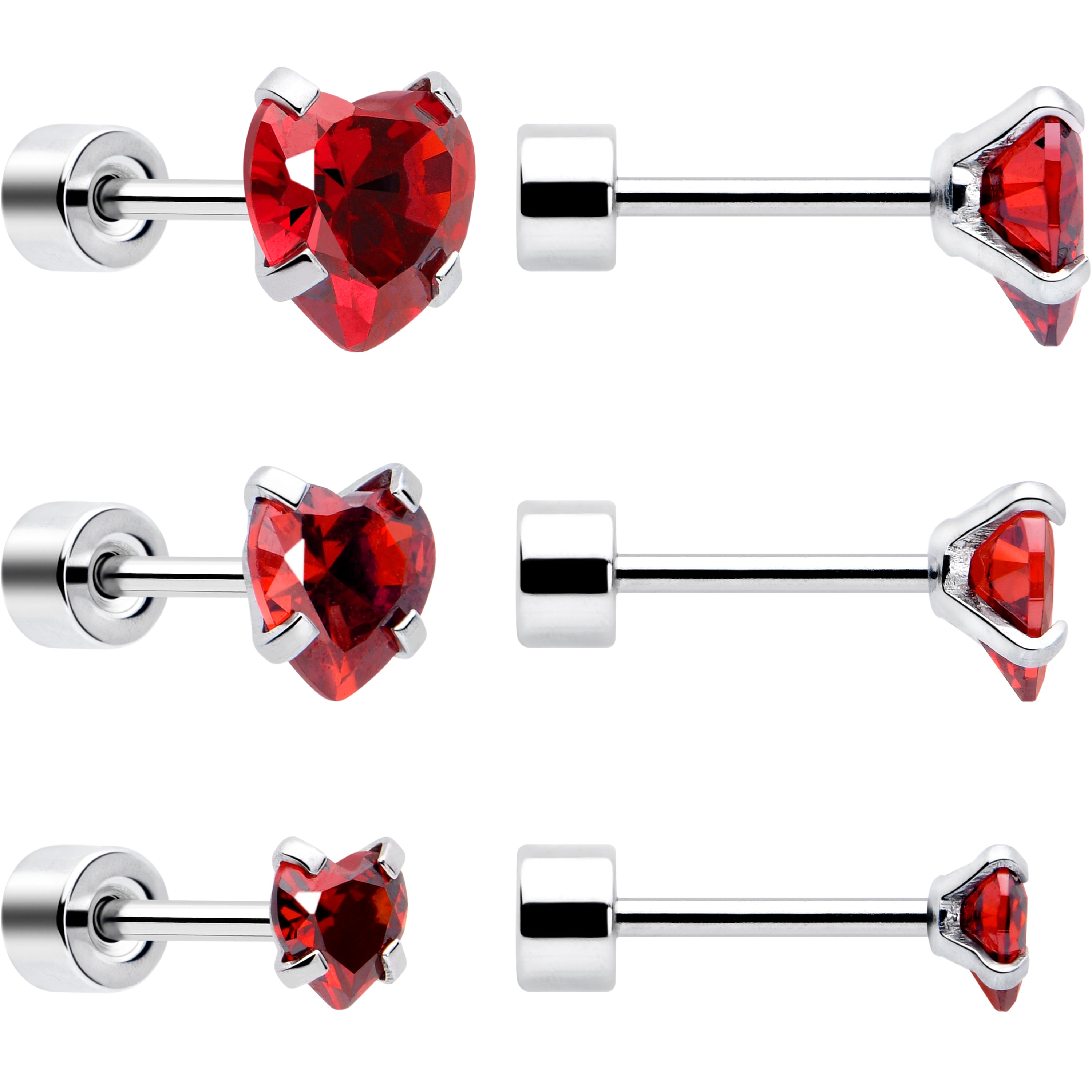 Red Heart CZ Flat Back Stud Earrings - 3 Pairs