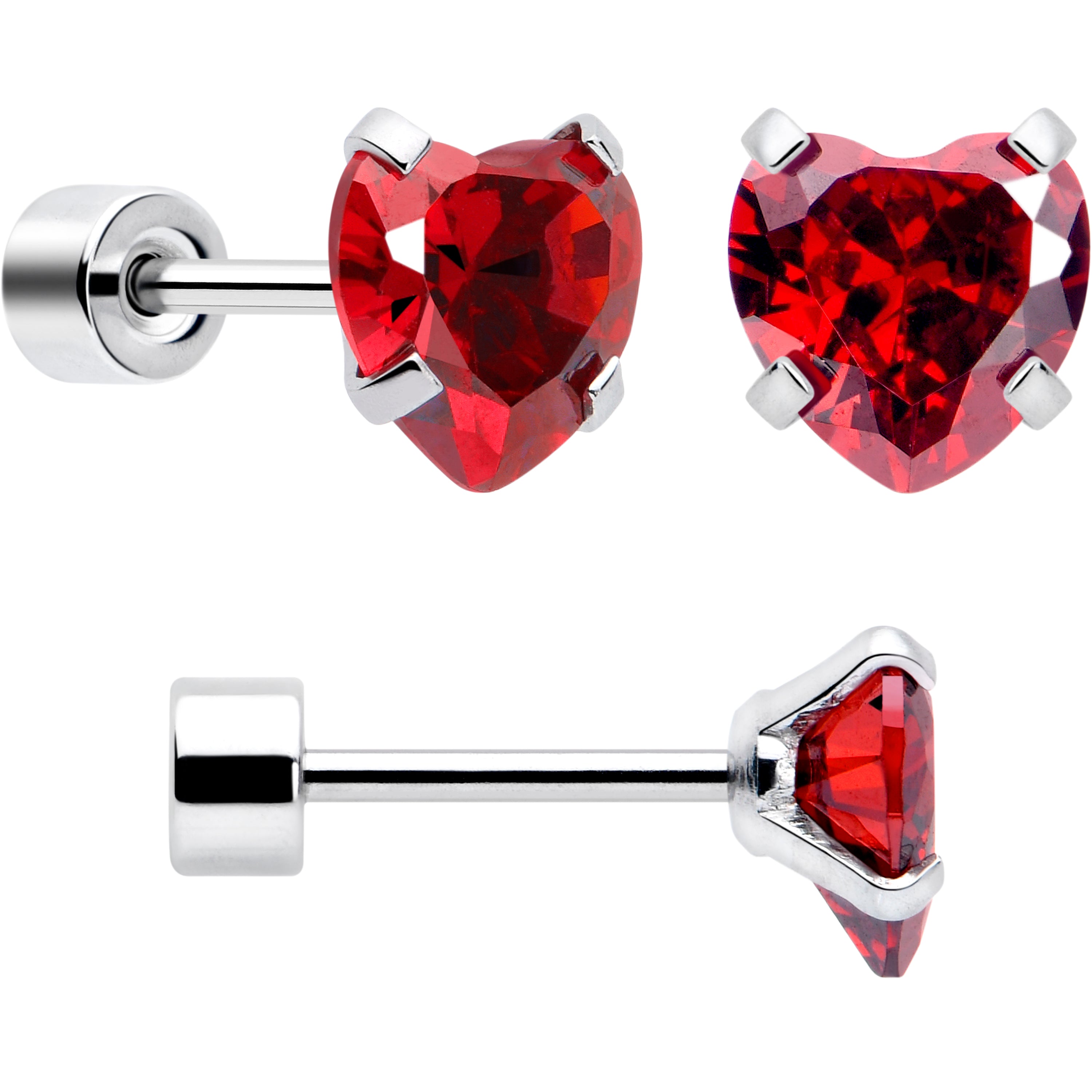 Red Heart CZ Flat Back Stud Earrings - 3 Pairs