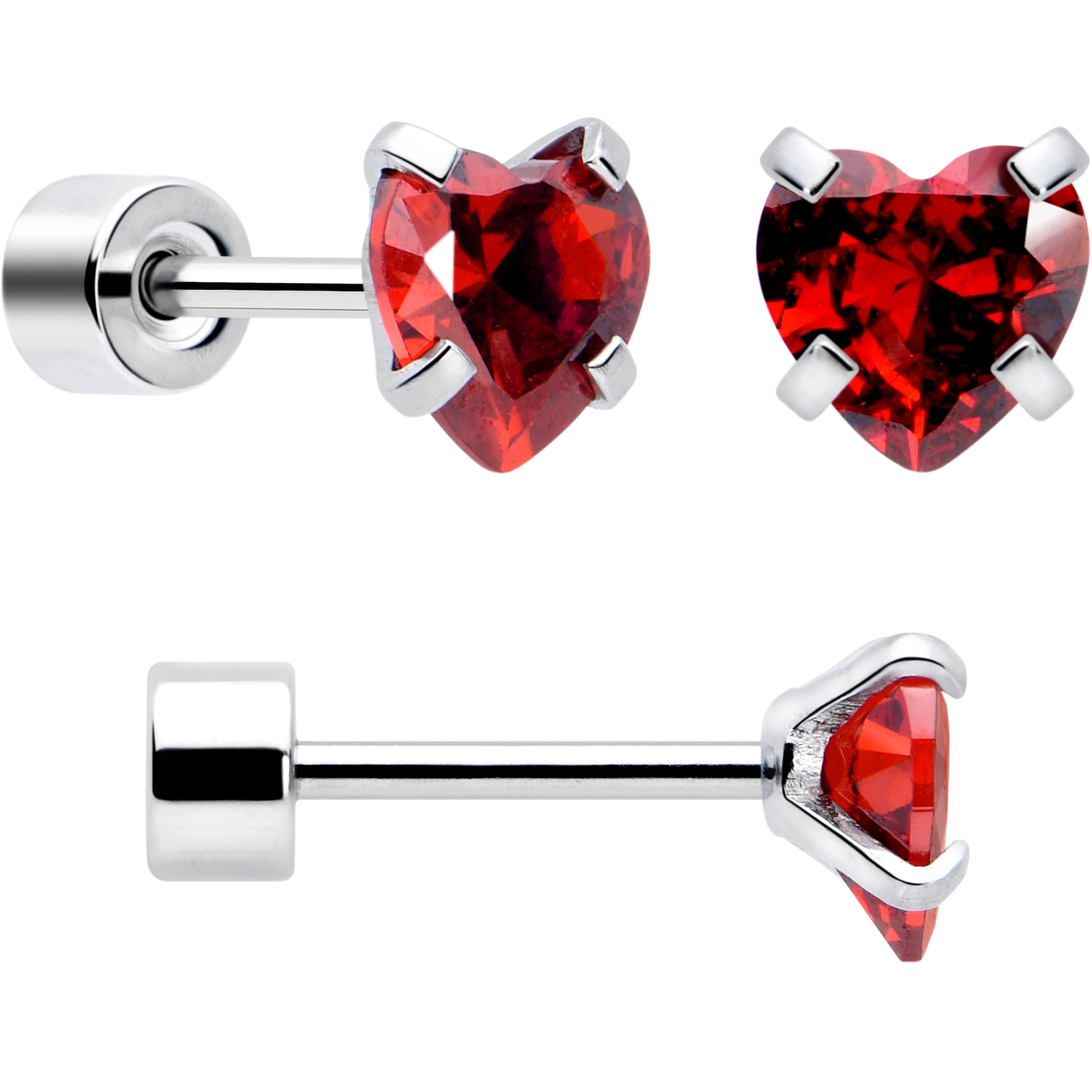 Red Heart CZ Flat Back Stud Earrings - 3 Pairs