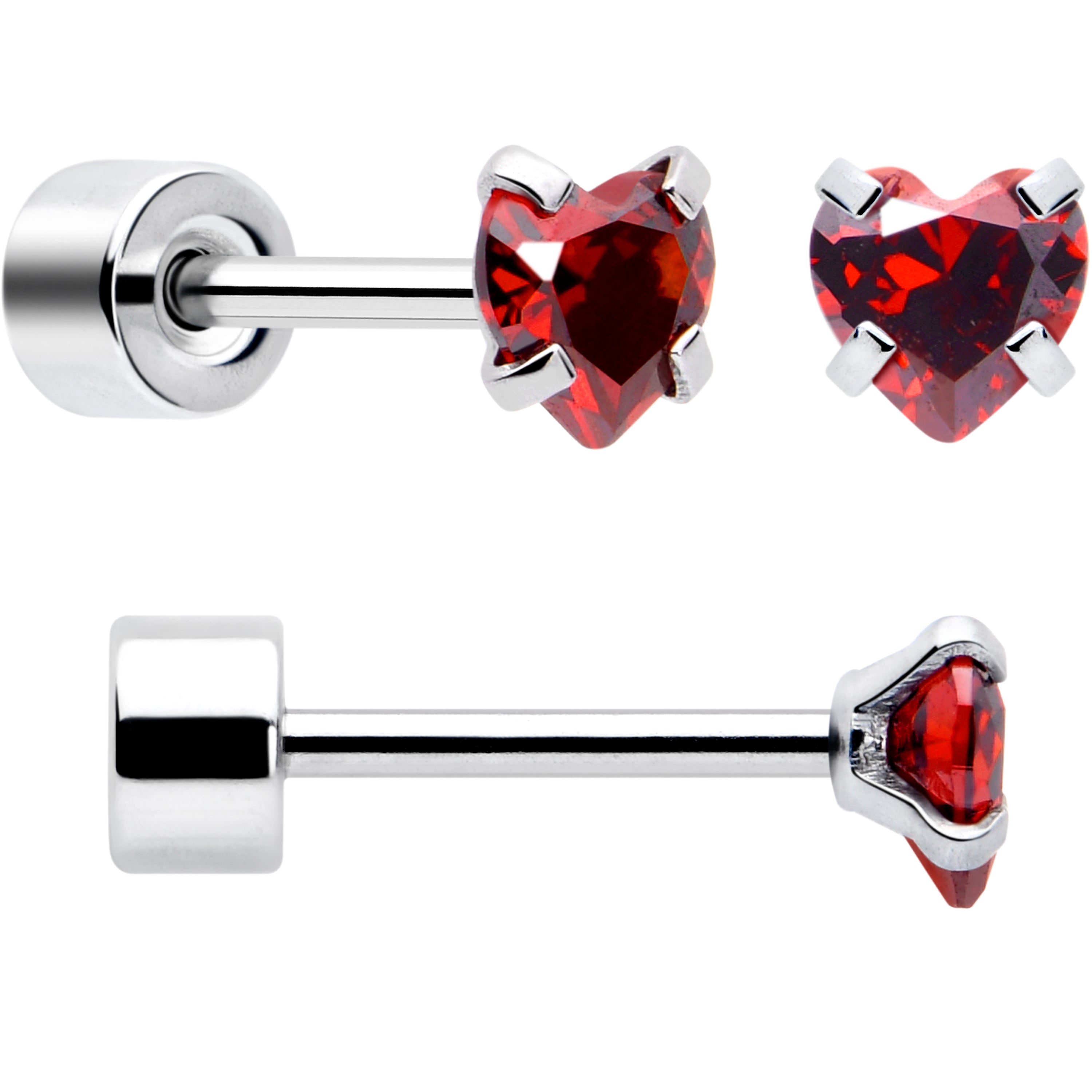 Red Heart CZ Flat Back Stud Earrings - 3 Pairs