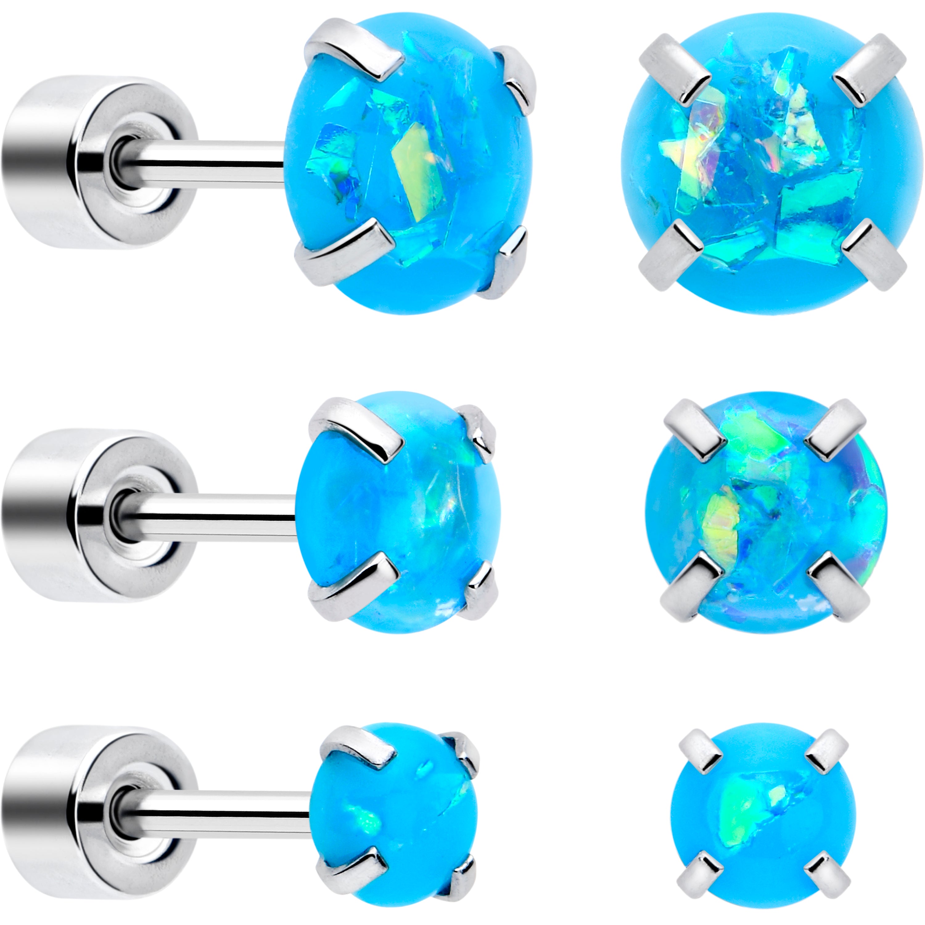 Blue Sythetic Opal Flat Back Stud Earrings - 3 Pairs