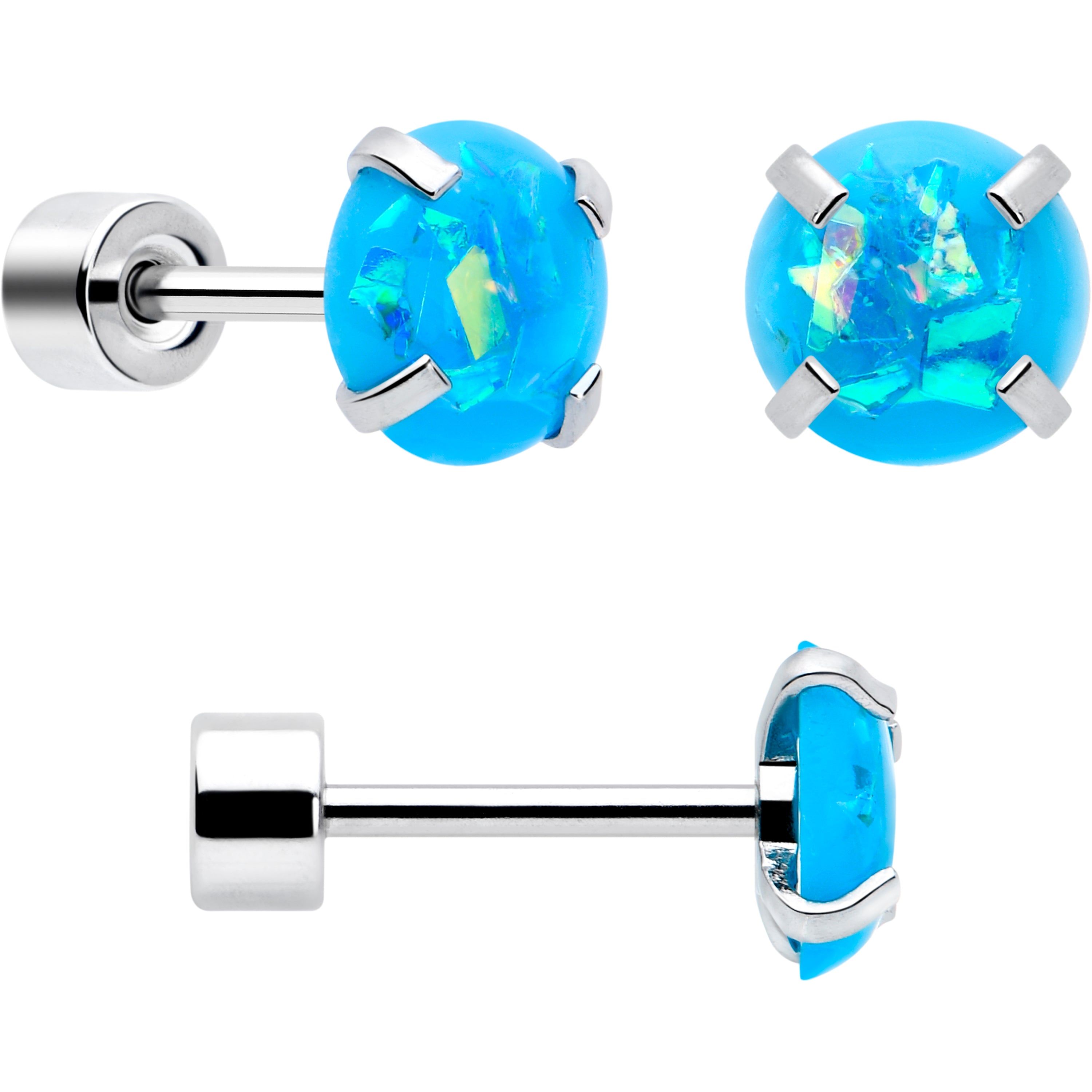 Blue Sythetic Opal Flat Back Stud Earrings - 3 Pairs