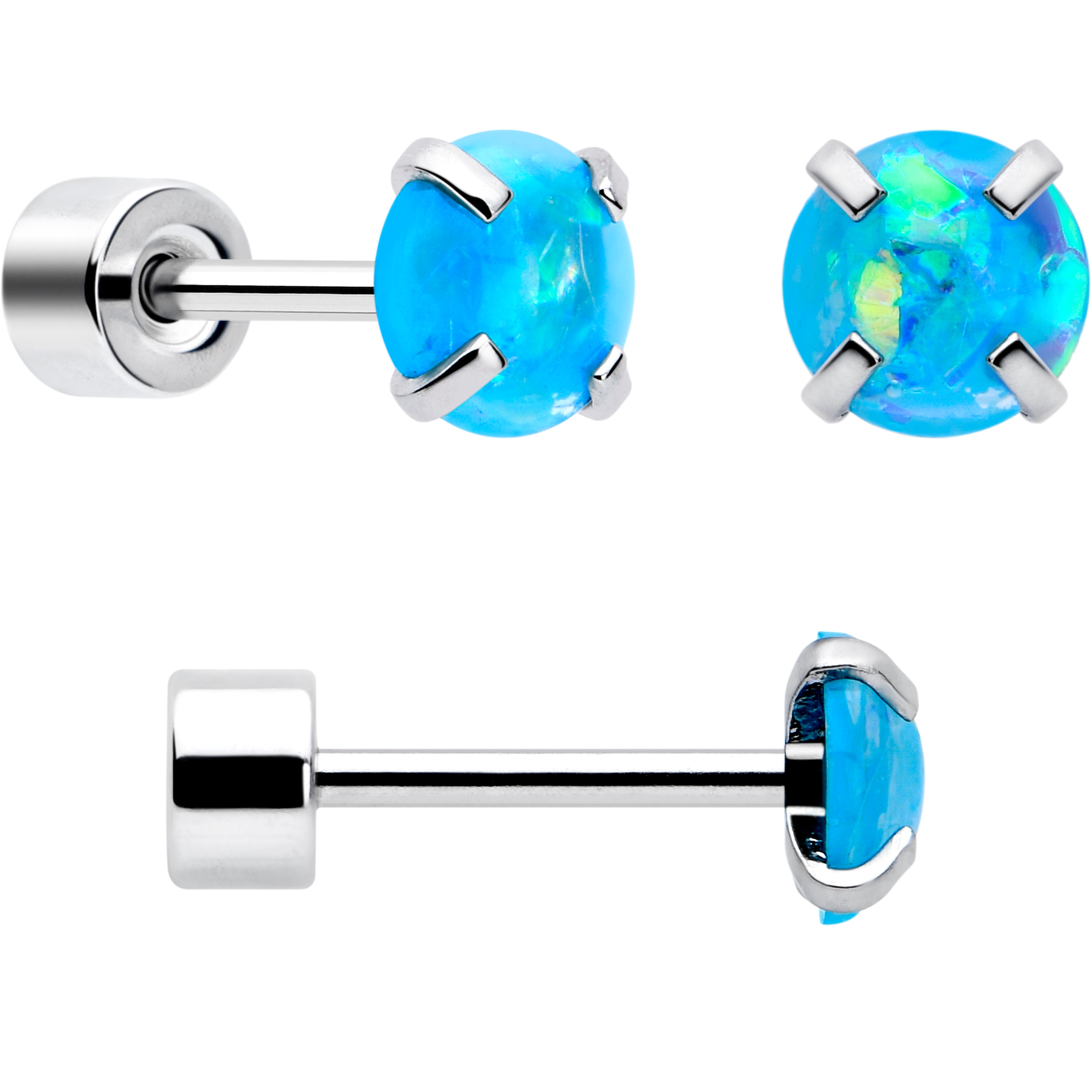 Blue Sythetic Opal Flat Back Stud Earrings - 3 Pairs