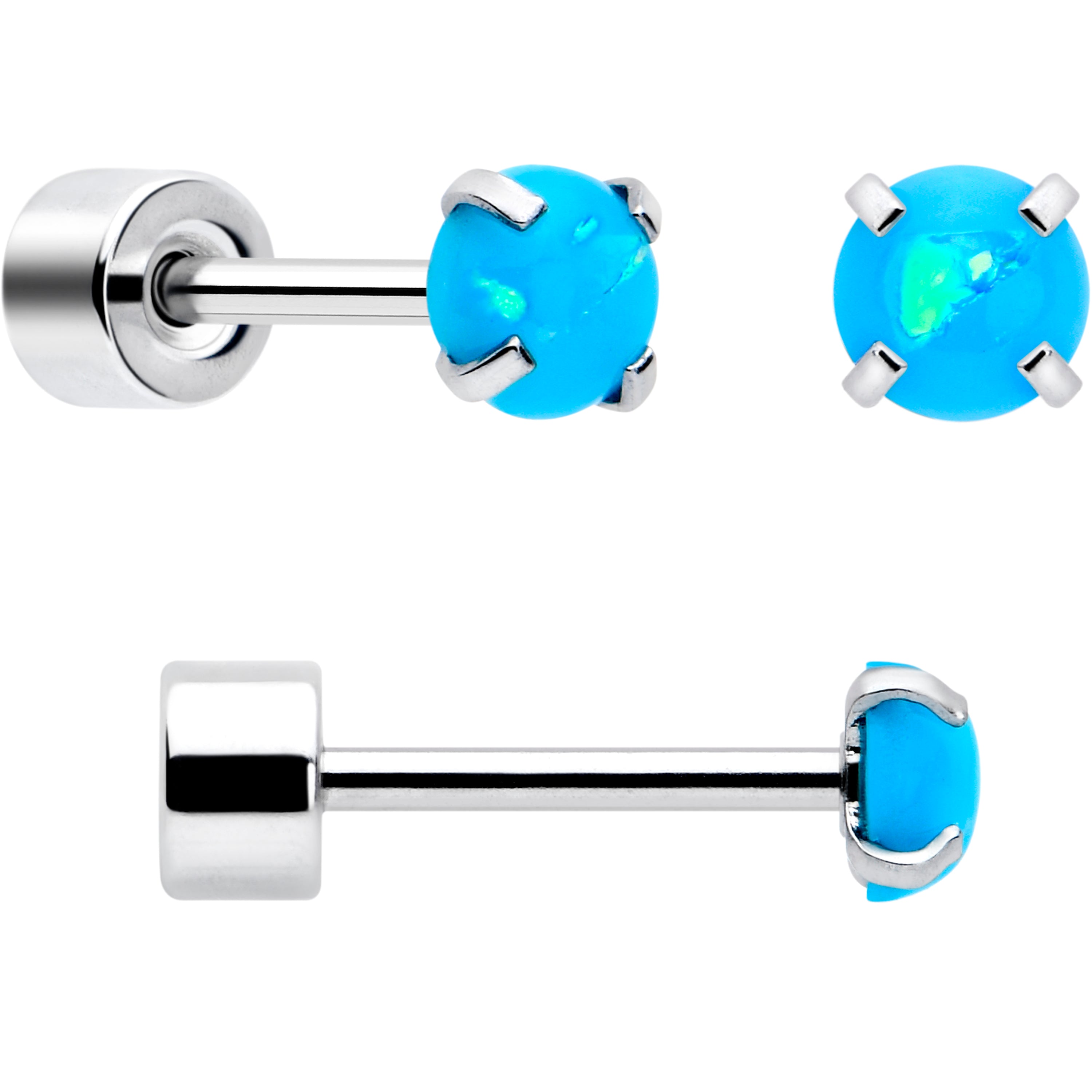 Blue Sythetic Opal Flat Back Stud Earrings - 3 Pairs