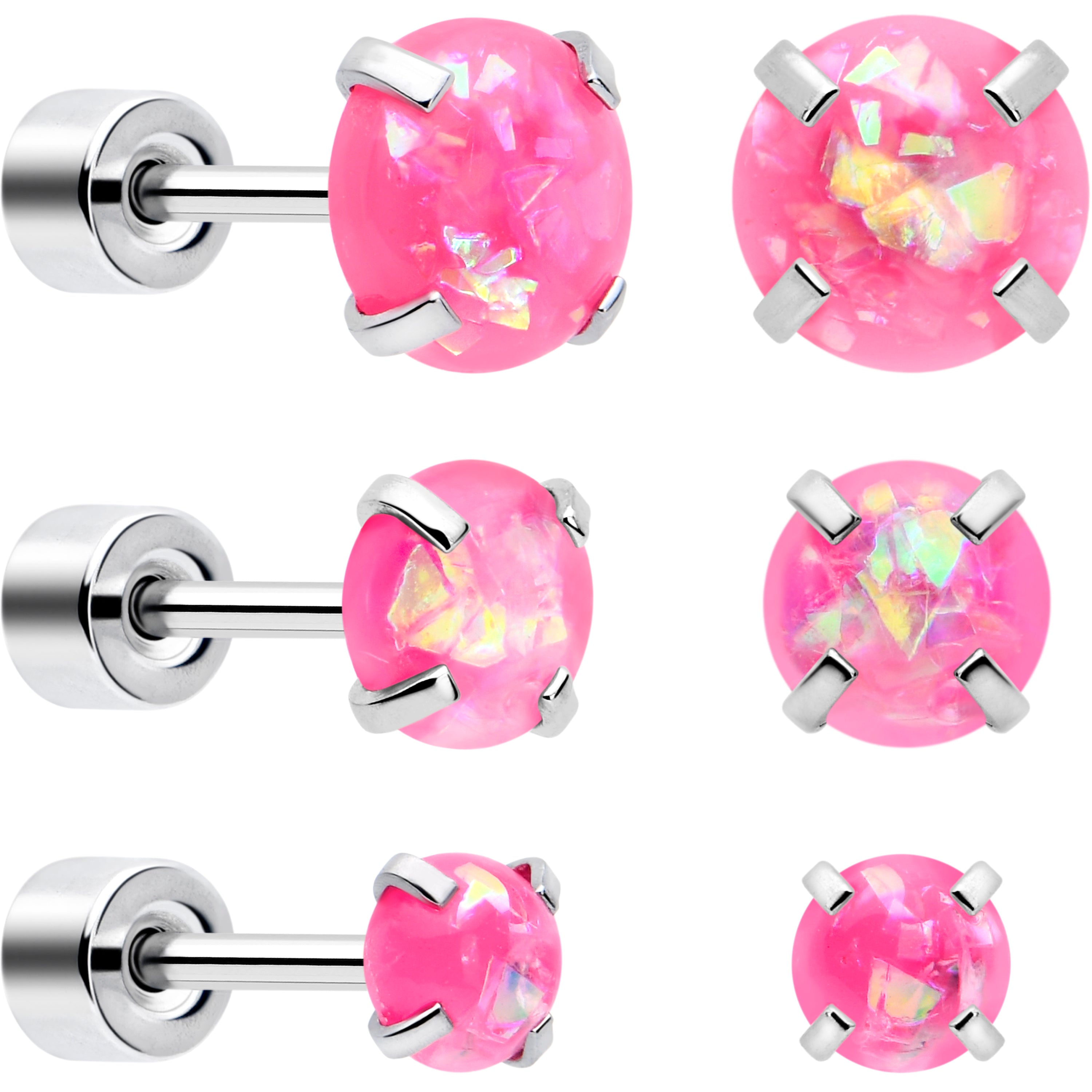 Pink Synthetic Opal Flat Back Stud Earrings - 3 Pairs