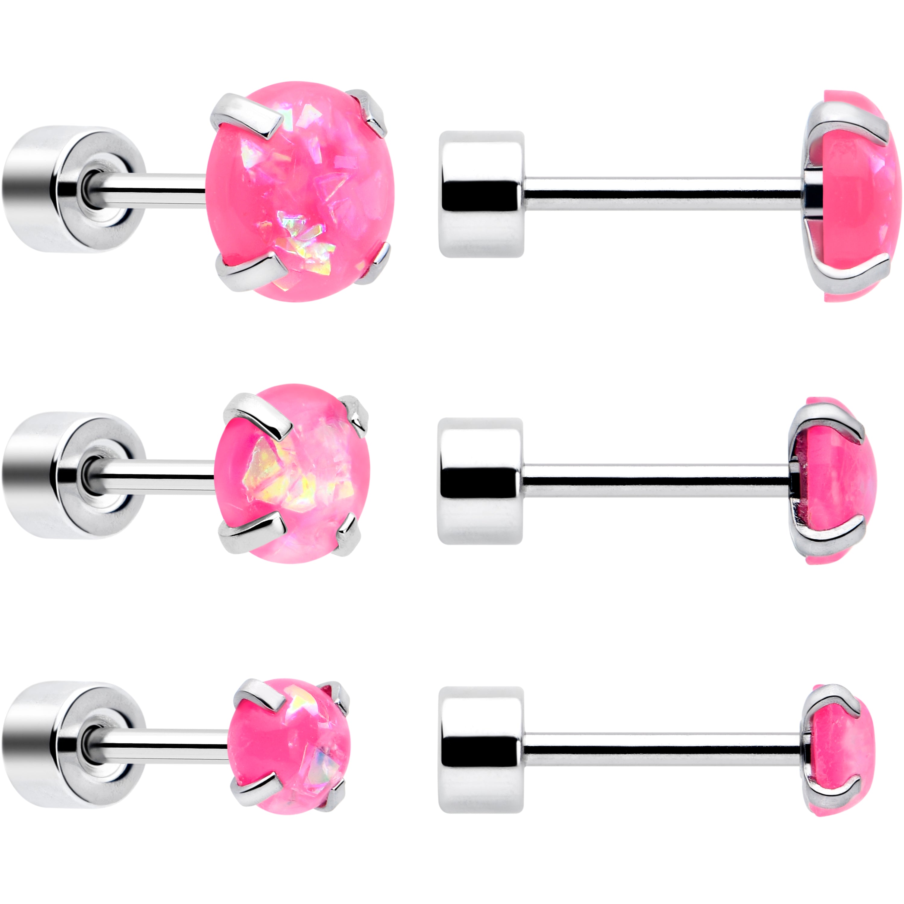 Pink Synthetic Opal Flat Back Stud Earrings - 3 Pairs