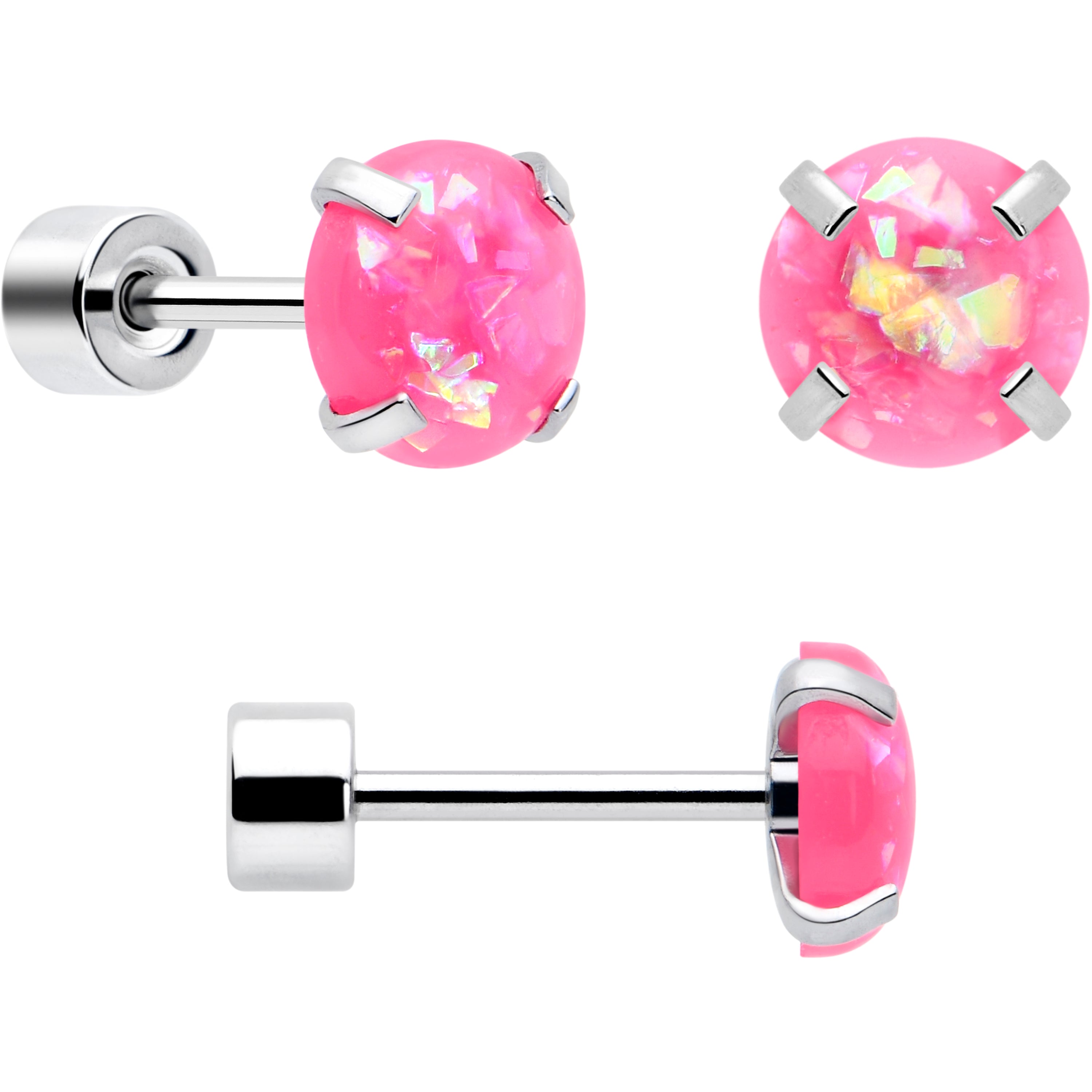 Pink Synthetic Opal Flat Back Stud Earrings - 3 Pairs