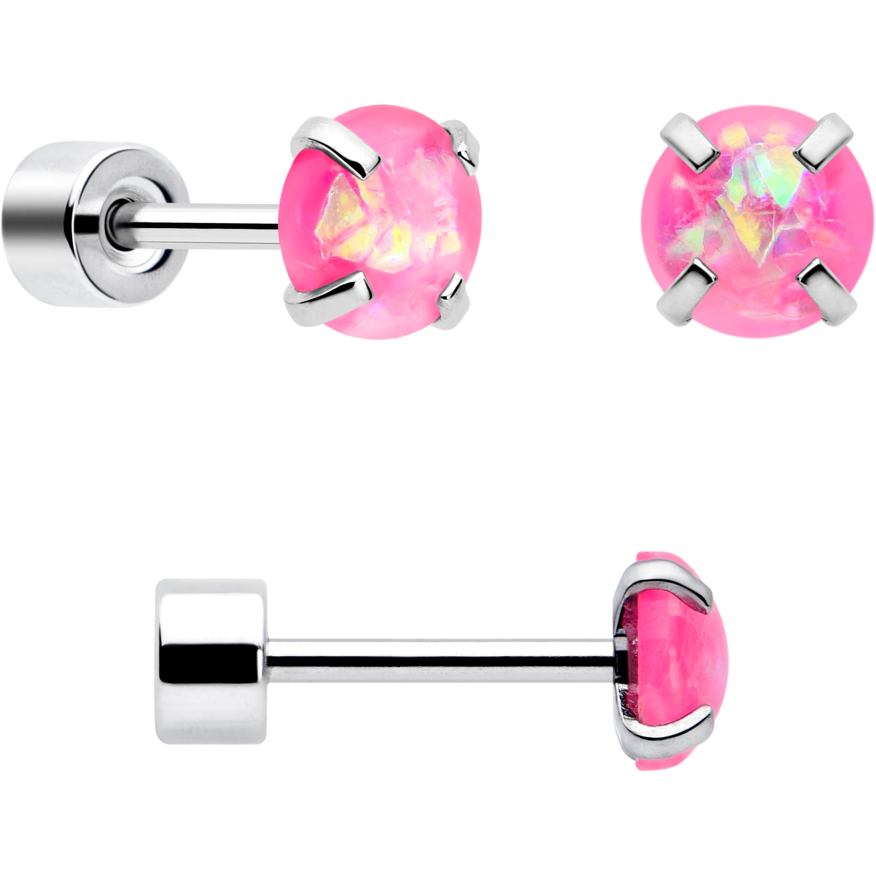 Pink Synthetic Opal Flat Back Stud Earrings - 3 Pairs