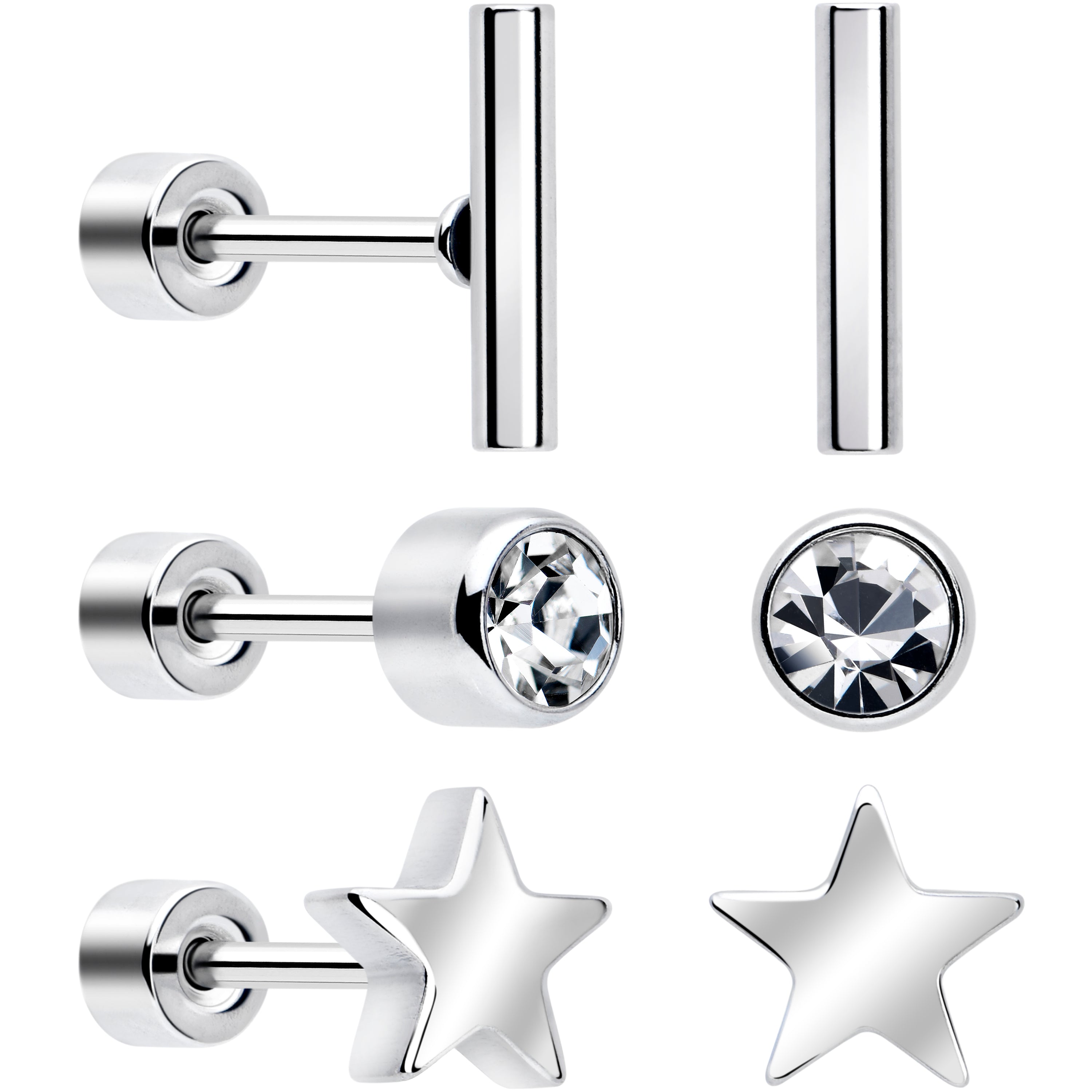 Classic Style Flat Back Stud Earrings - 3 Pairs