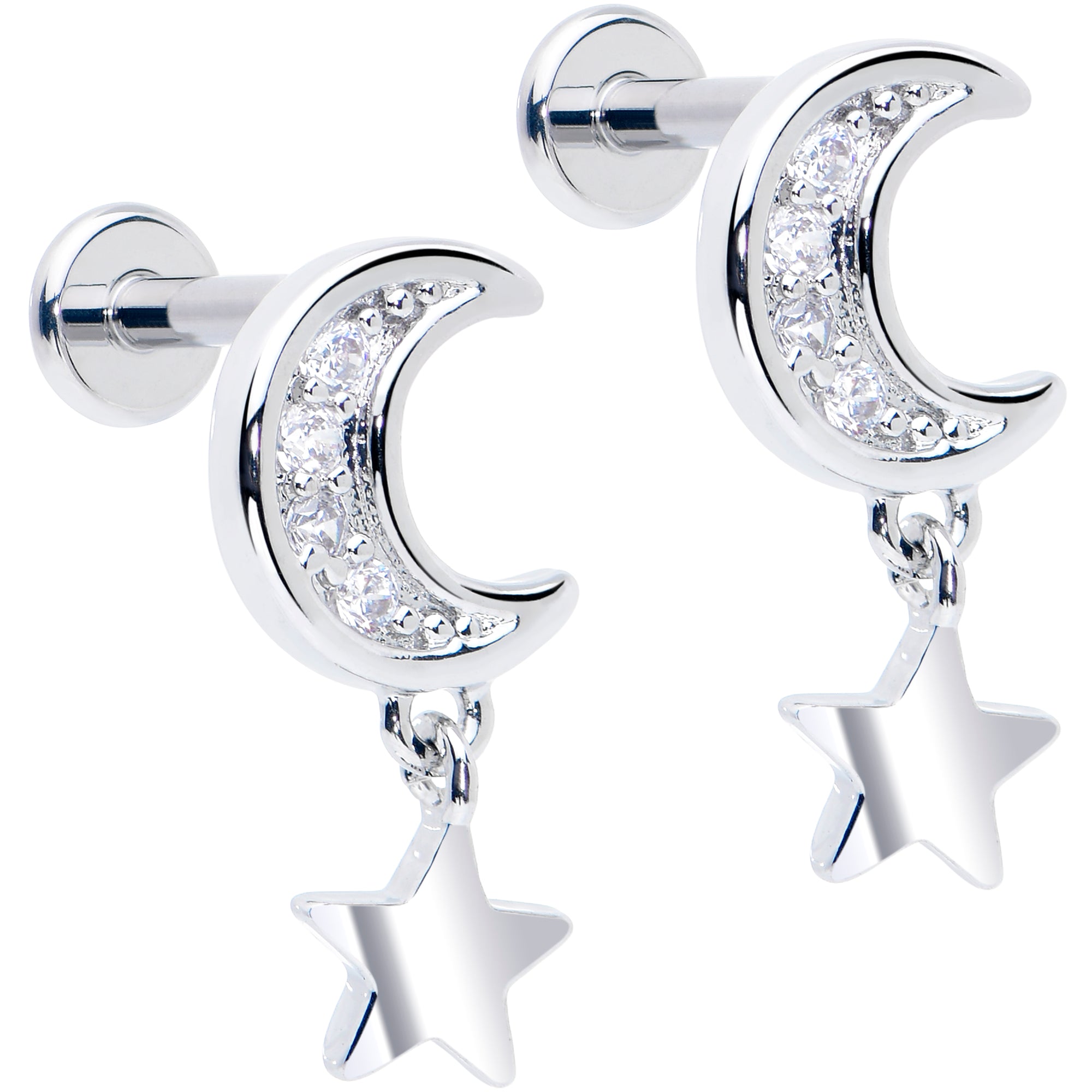 16 gauge titanium star dangle flatback earring with clear CZ gem