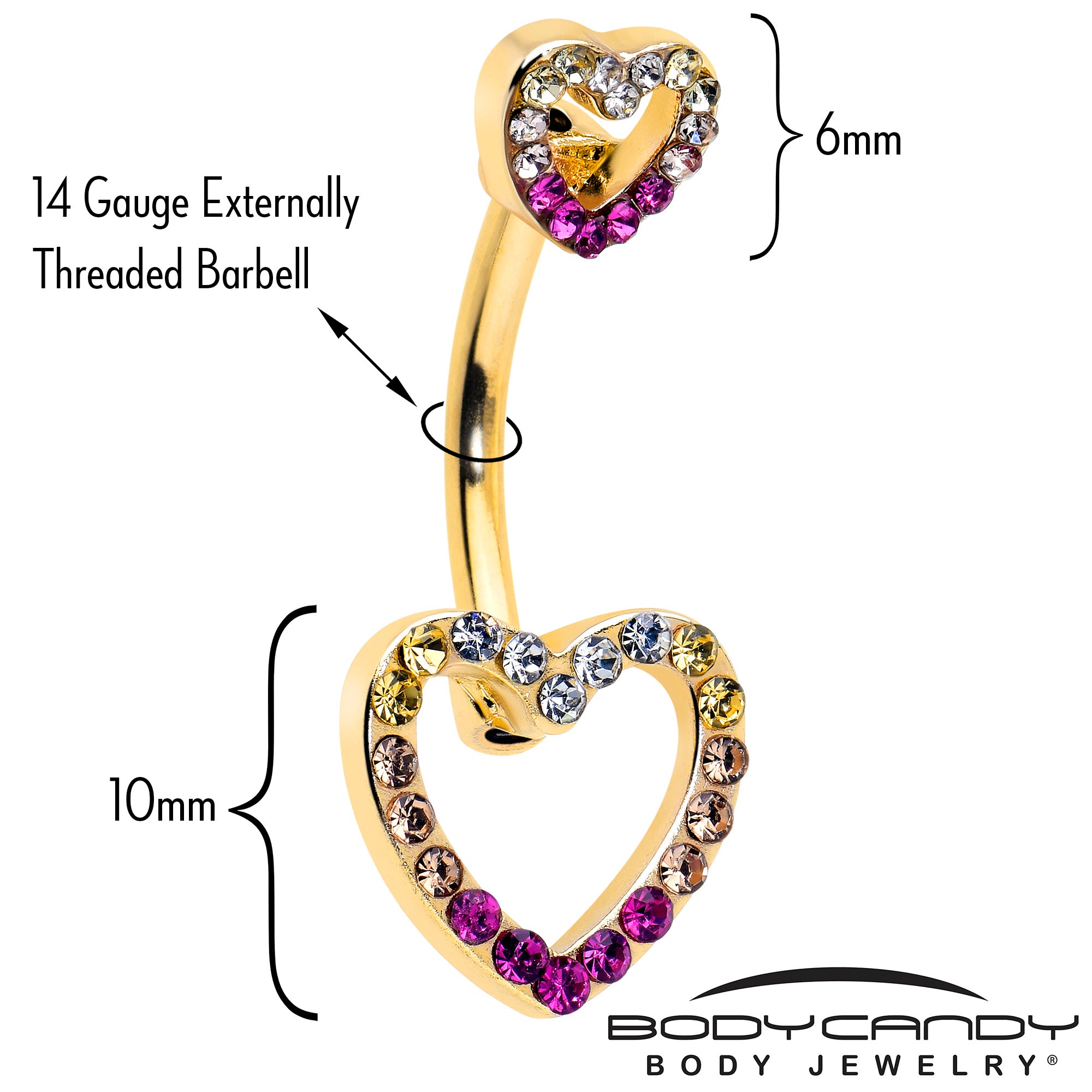 Valentines Day Rainbow Heart Belly Ring with Color Gems