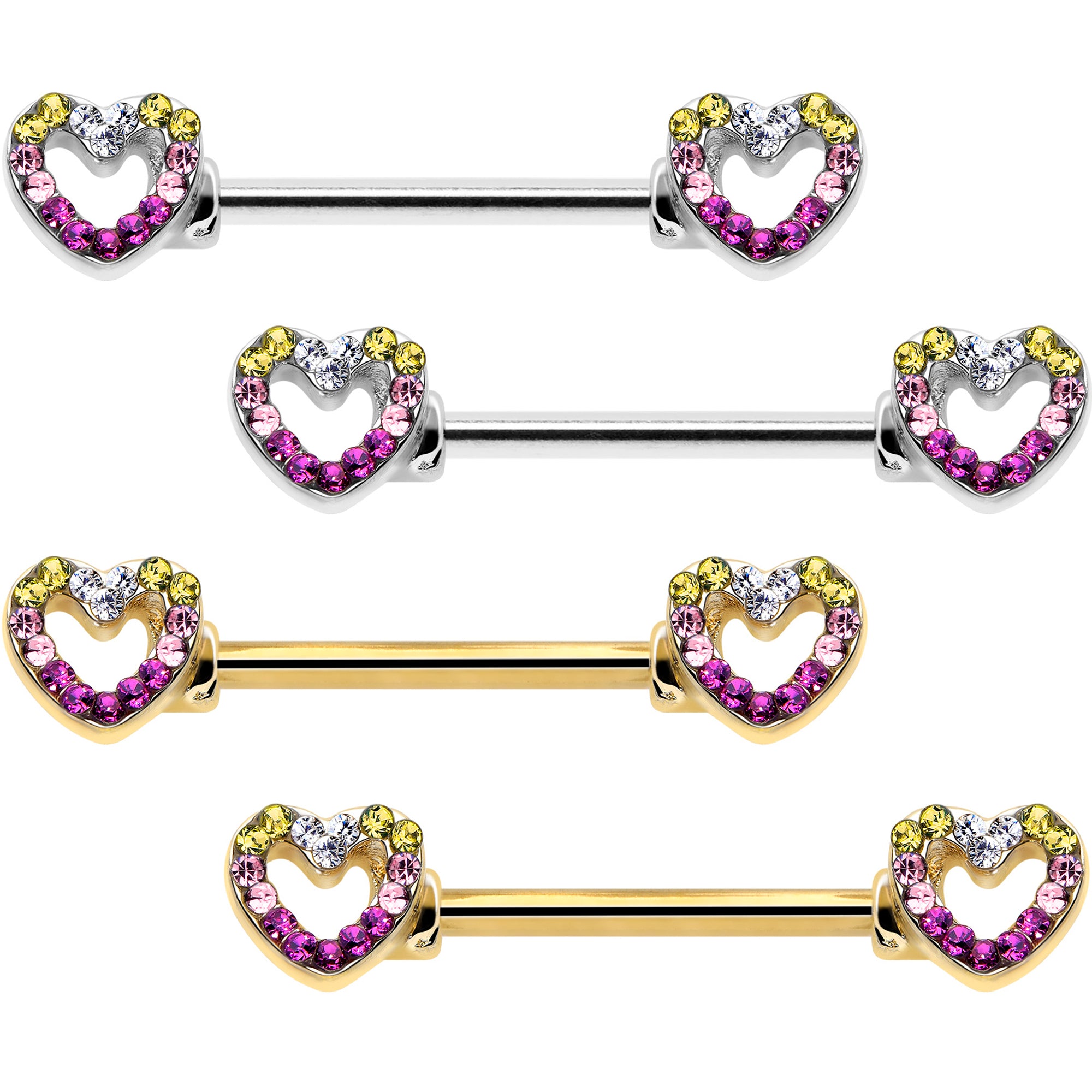 14 Gauge 9/16 Gold Tone Open Heart Rainbow Nipple Rings