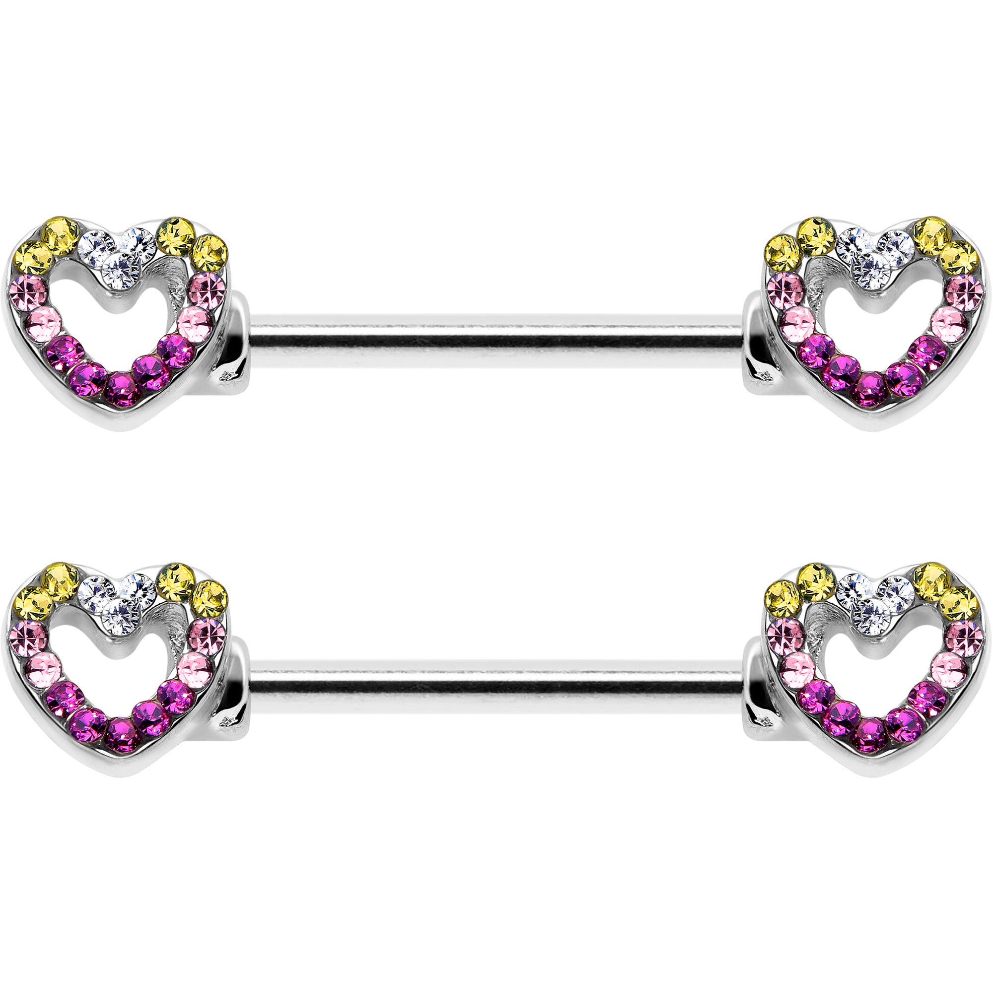 Rainbow Color Gem Open Heart 14 Gauge Barbell Nipple Rings Set 9/16