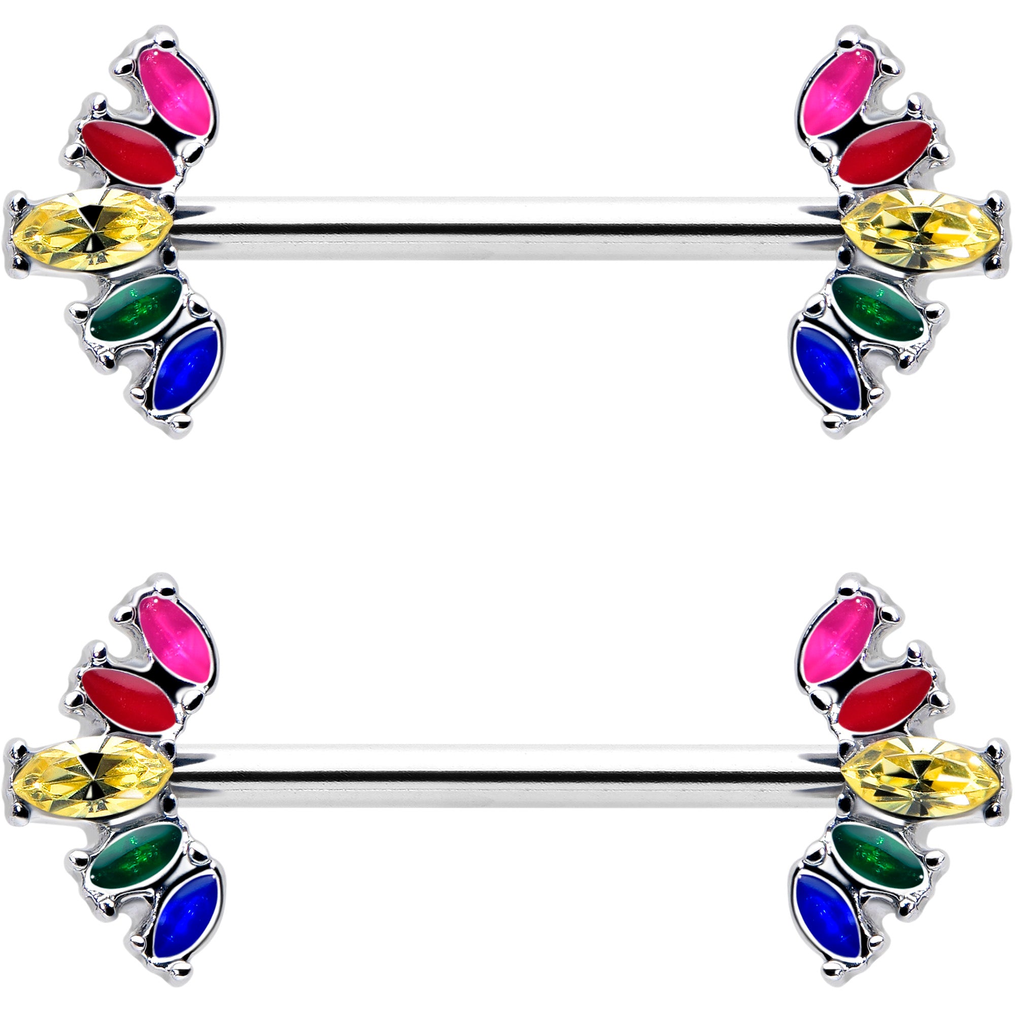 Rainbow Gem Pride Fancy Glam Nipple Rings 14 Gauge 9/16 Set