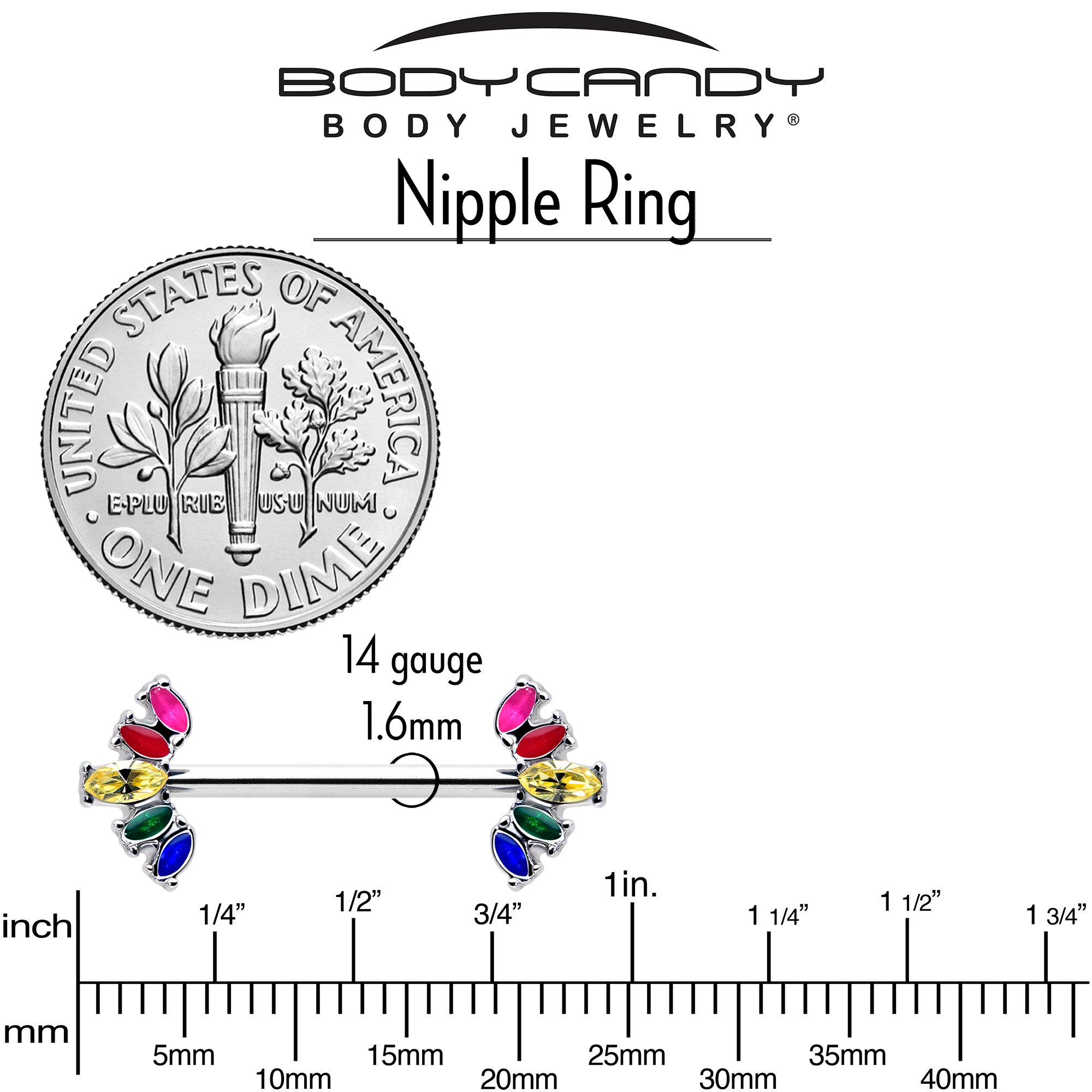 Fancy Glam Rainbow Gem Pride Nipple Rings 14 Gauge 9/16 Set