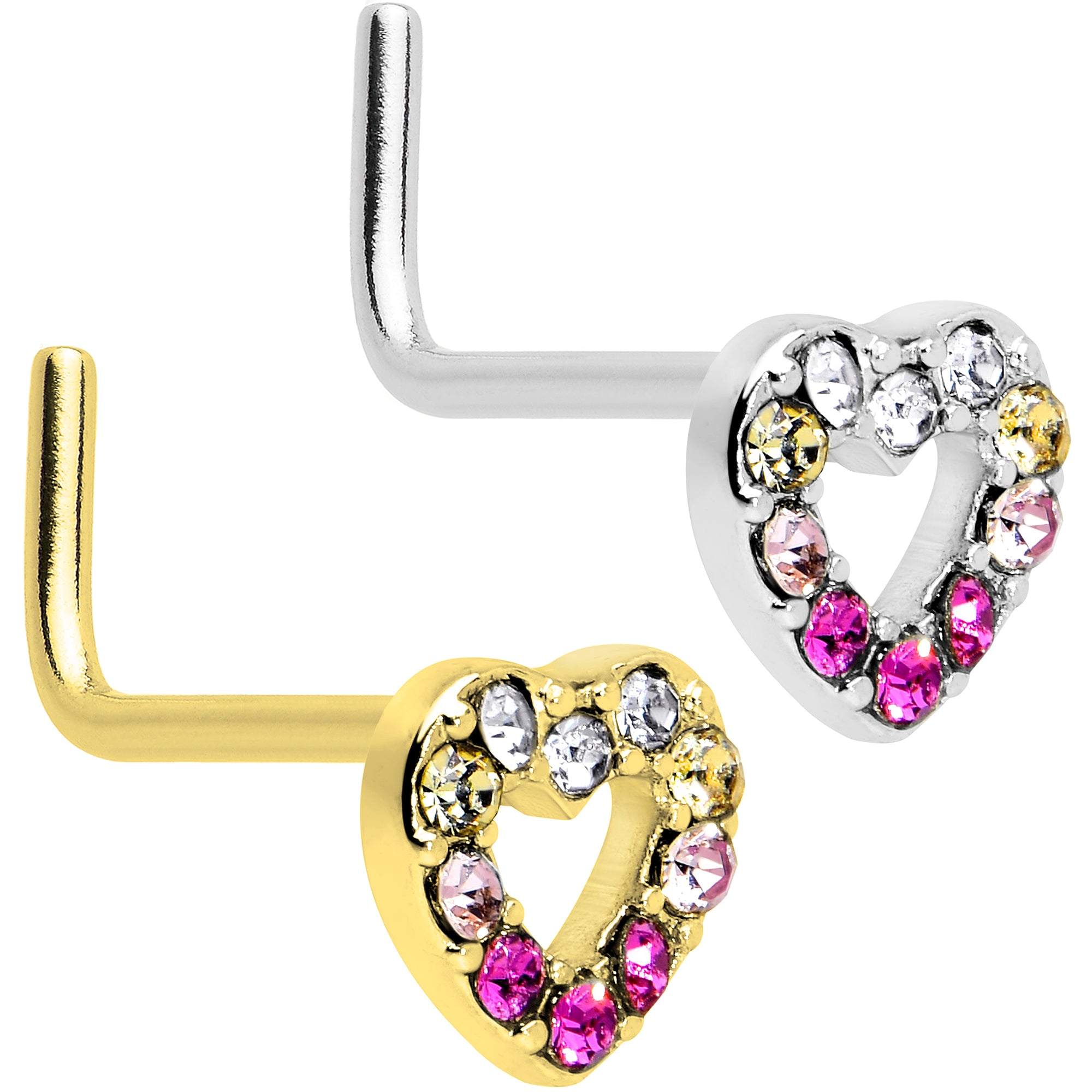 20 Gauge 7mm Gem Gold Tone Open Heart Rainbow L Shape Nose Ring