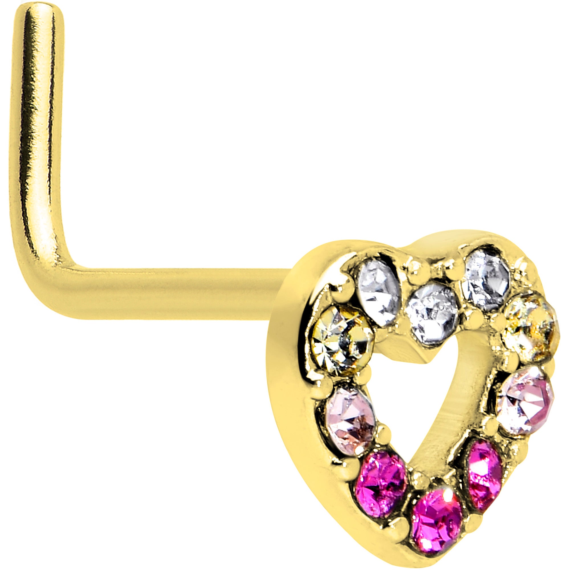 20 Gauge Rainbow L Shape Nose Ring with Purple Gem and Heart Design