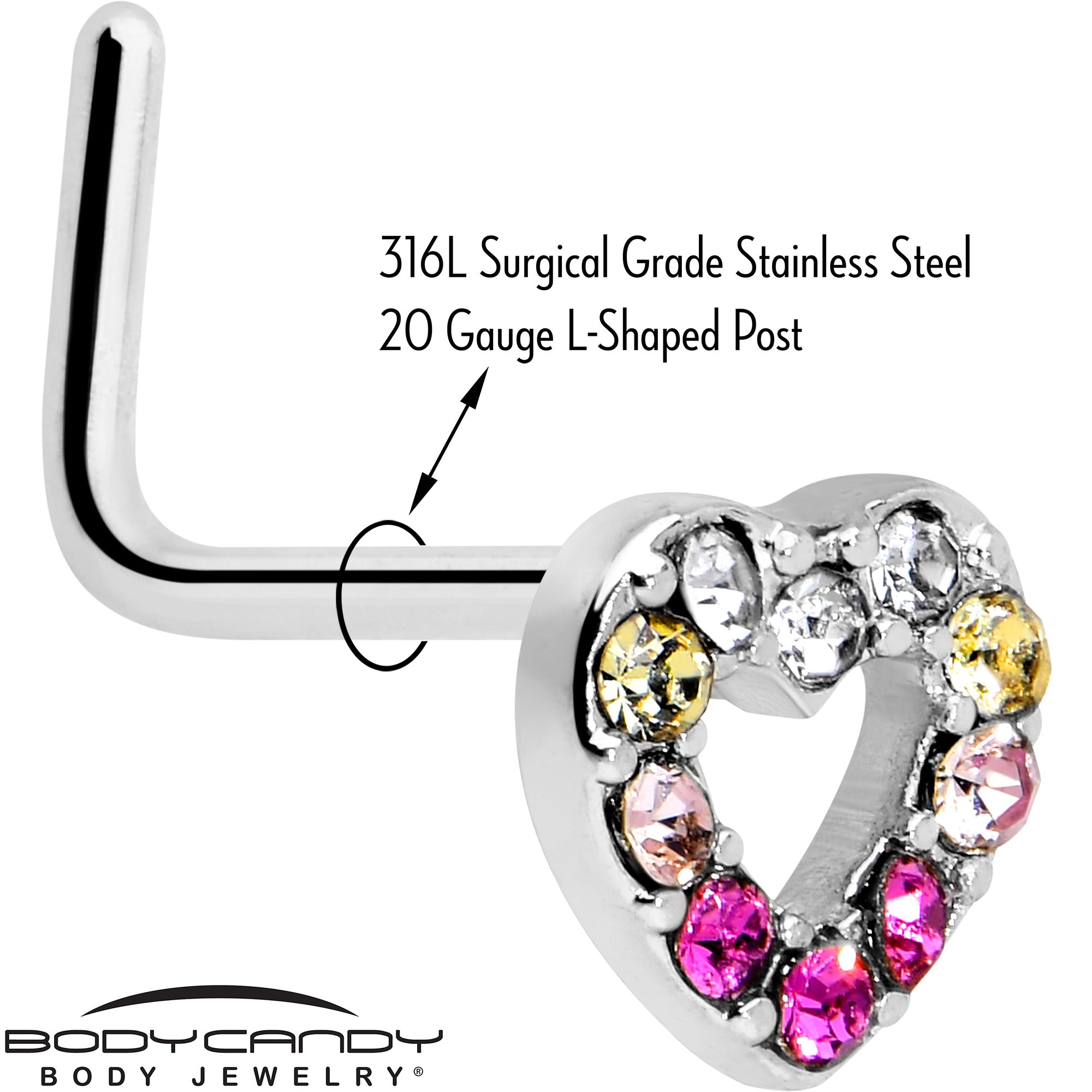 7mm Purple Gem Heart Rainbow L Shape Nose Ring 20 Gauge