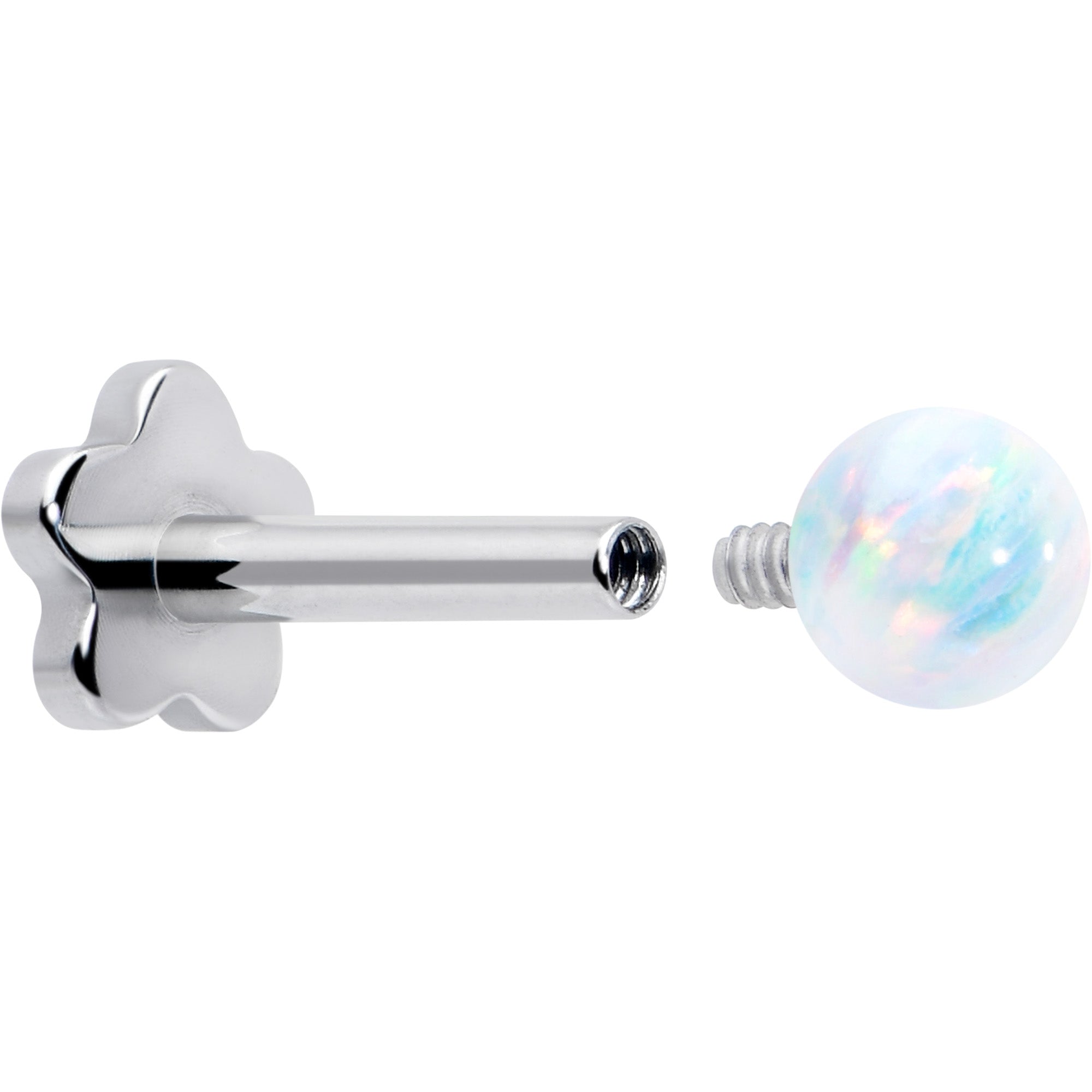 Reversible Titanium Flower Flat Back Stud 18G with Synthetic Opal Ball