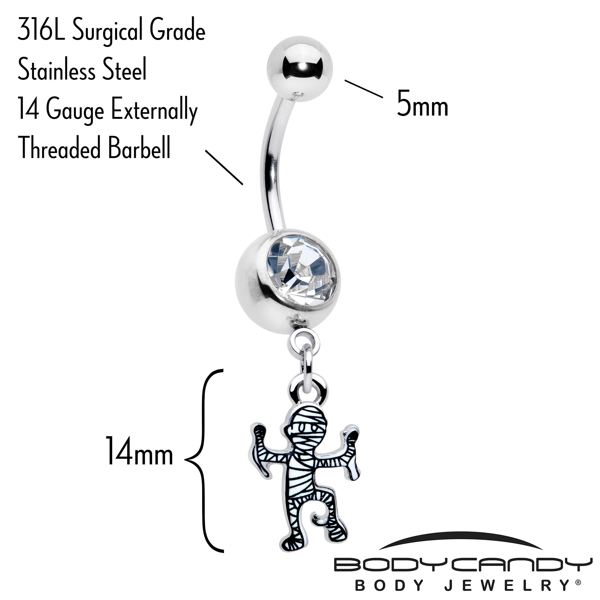 Halloween-themed mummy dangle belly ring with clear gem