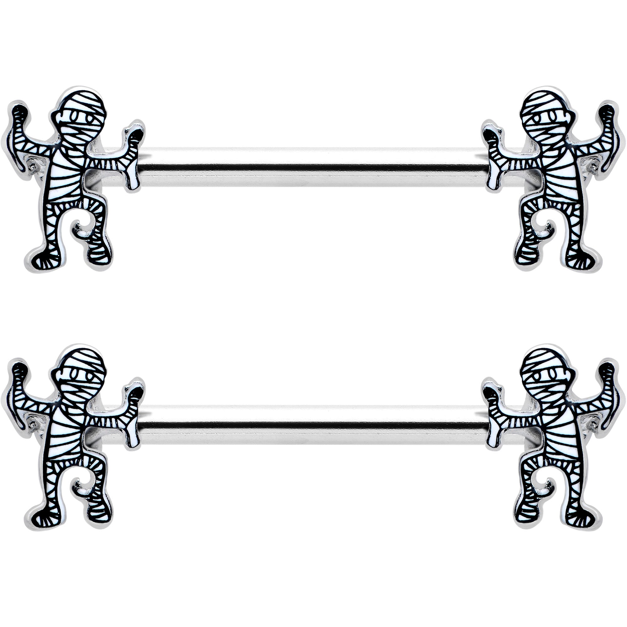 14 gauge two-tone barbell nipple rings with Halloween mummy design