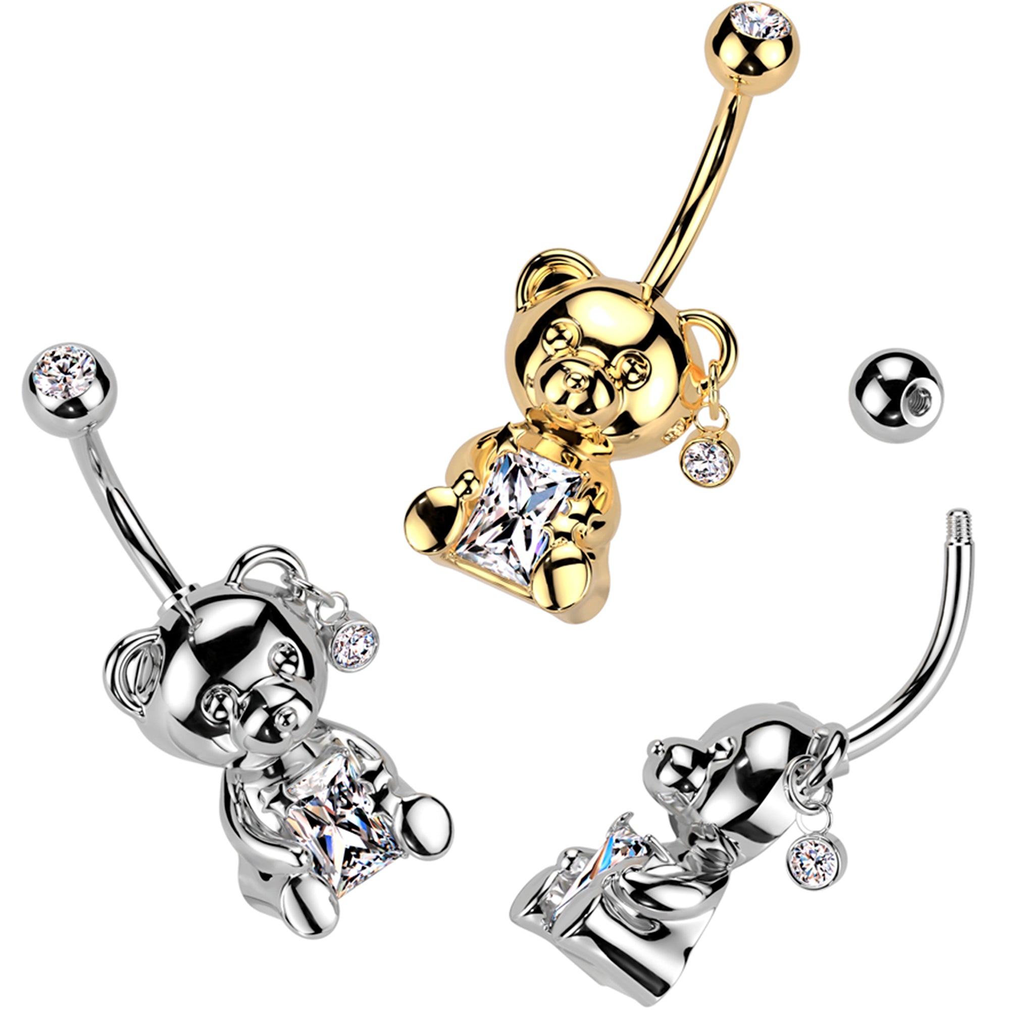 Teddy bear belly ring in 14k gold plating with sparkling CZ gem