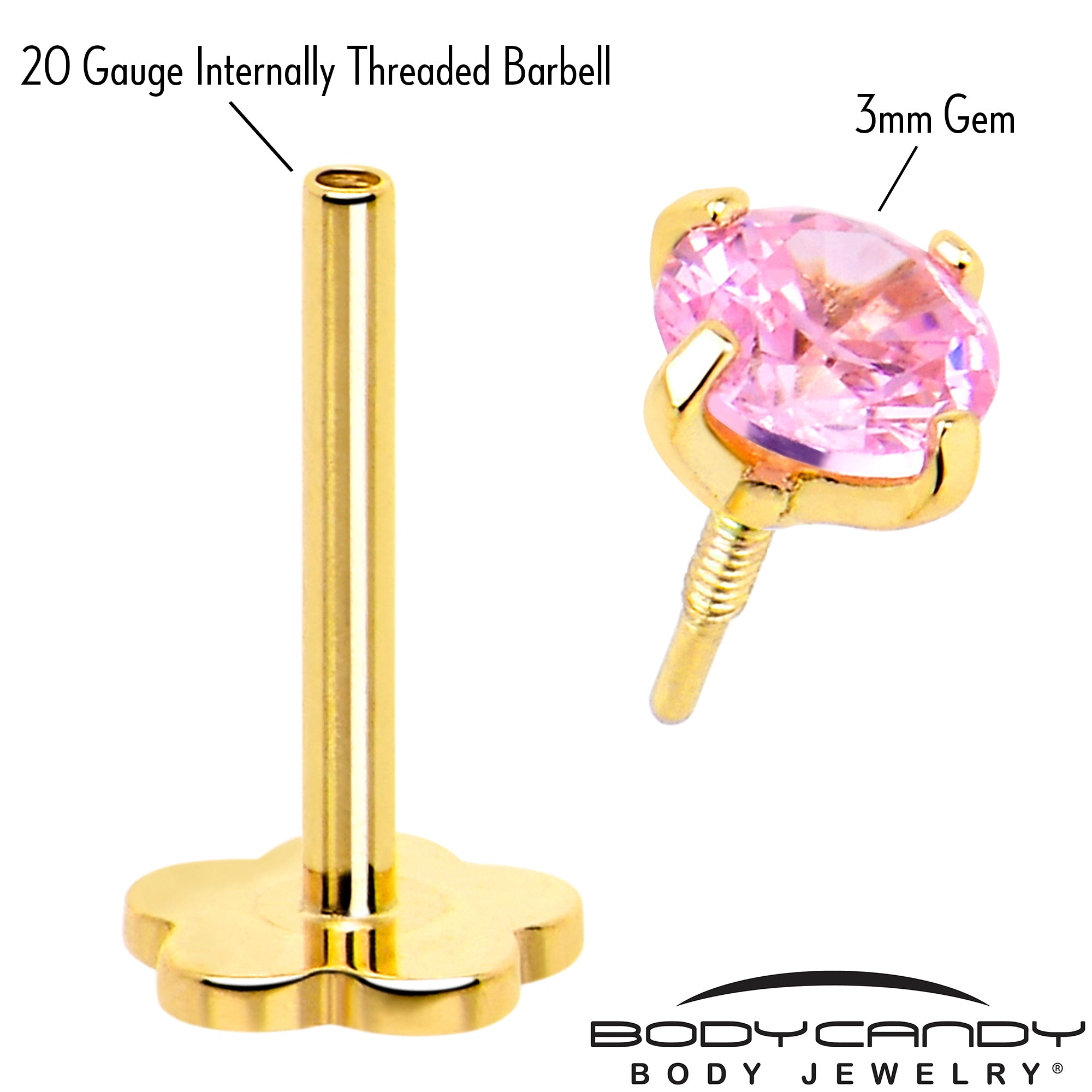 14k Yellow Gold Flat Back Earring 20 gauge 4mm Pink CZ Floral Reversible