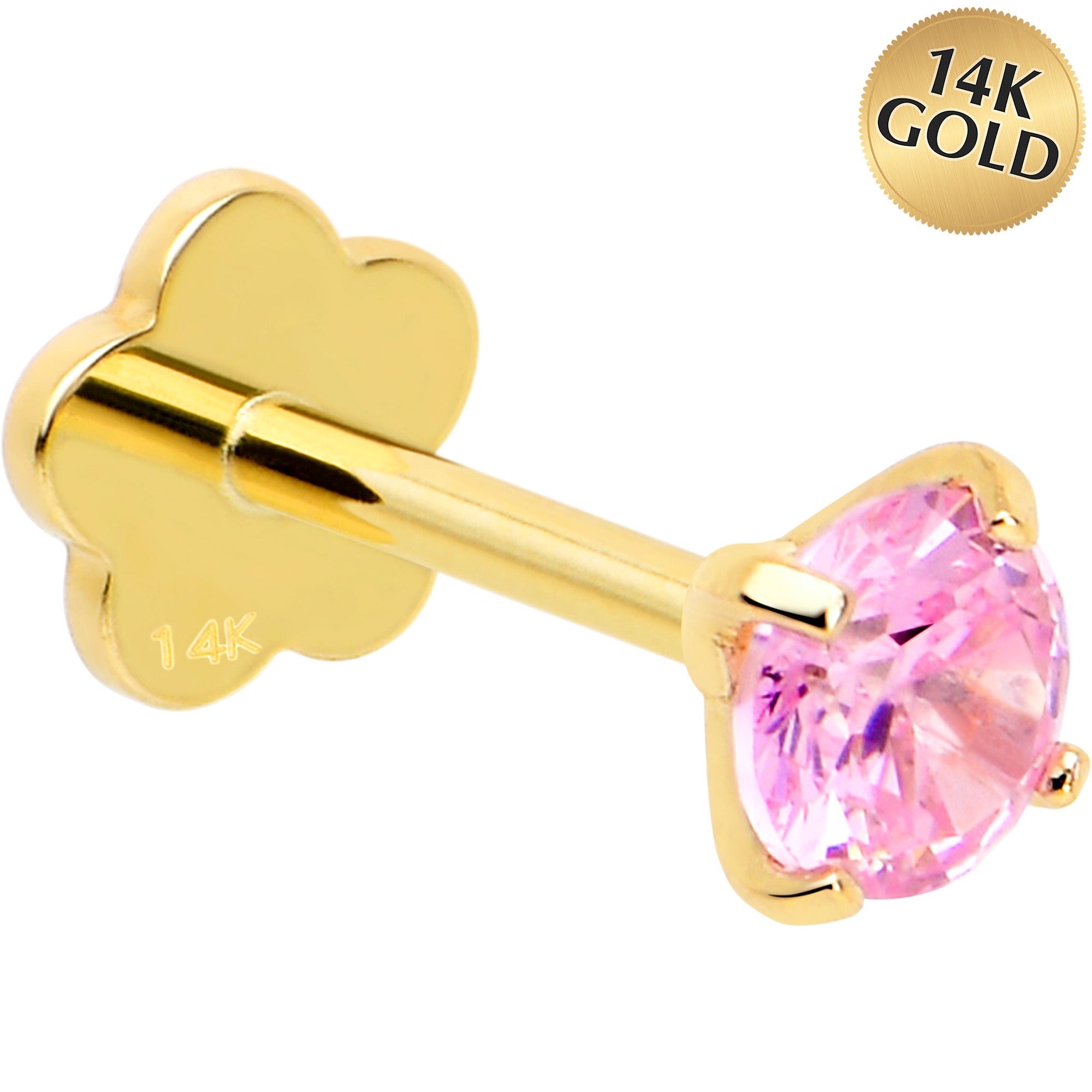 14k Yellow Gold Flat Back Earring 20 gauge 4mm Pink CZ Floral Reversible