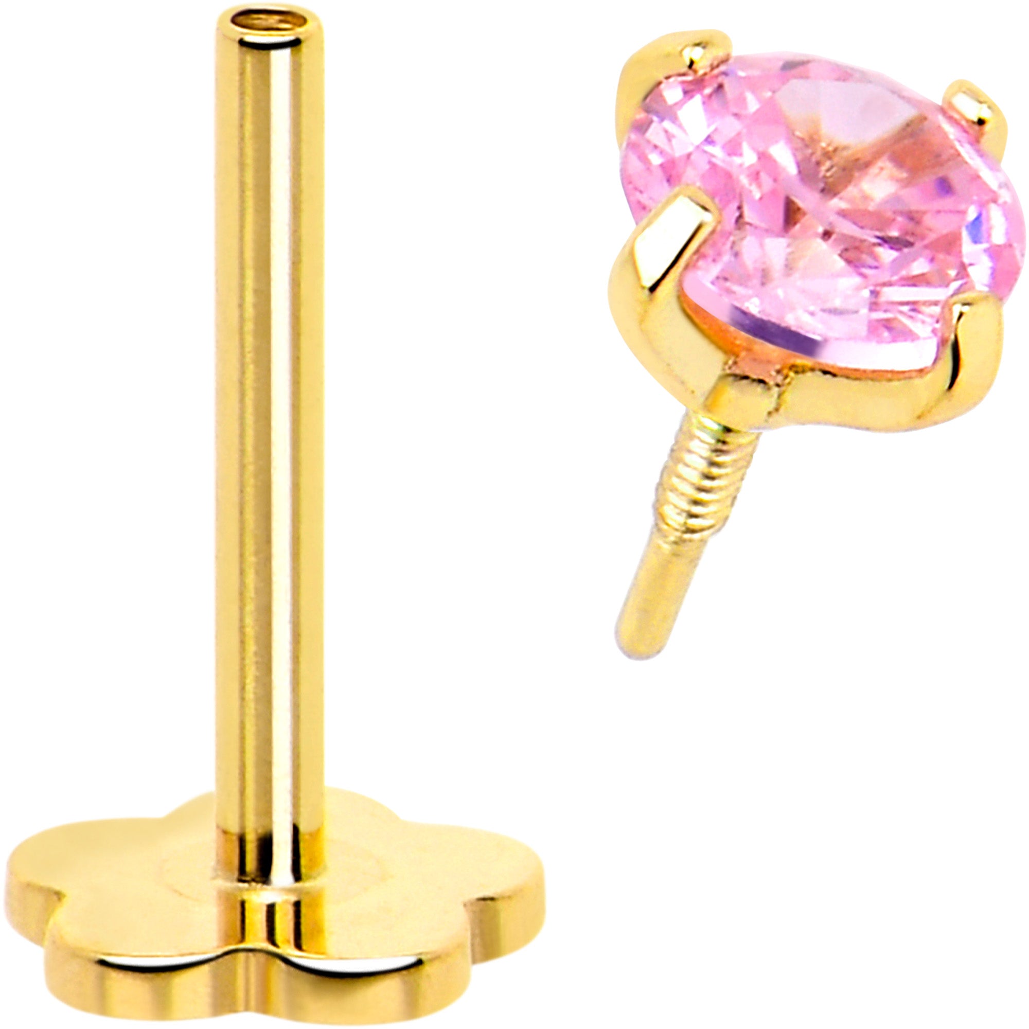 14k Yellow Gold Flat Back Earring 20 gauge 4mm Pink CZ Floral Reversible