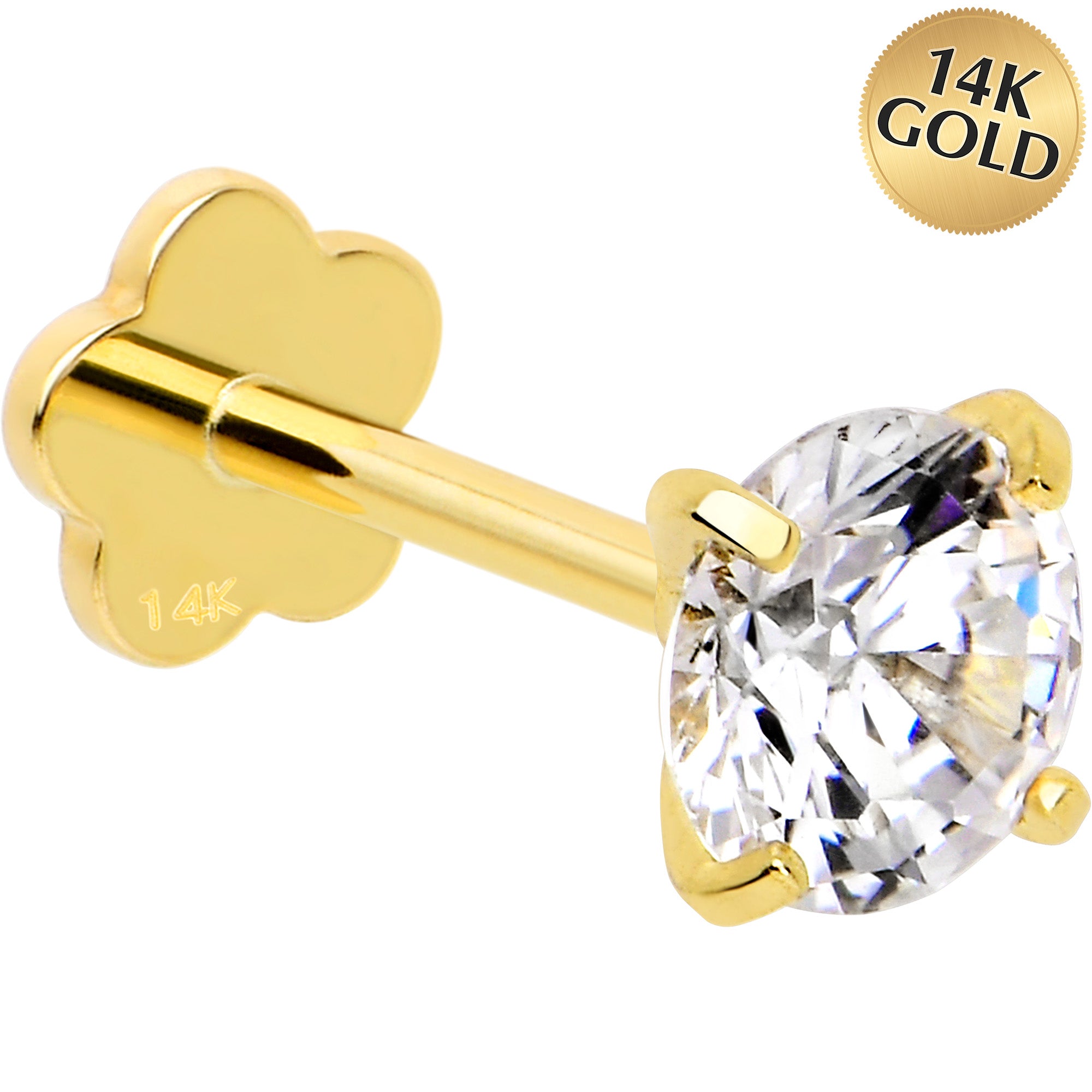 14k yellow gold flatback earring with 4mm CZ floral design