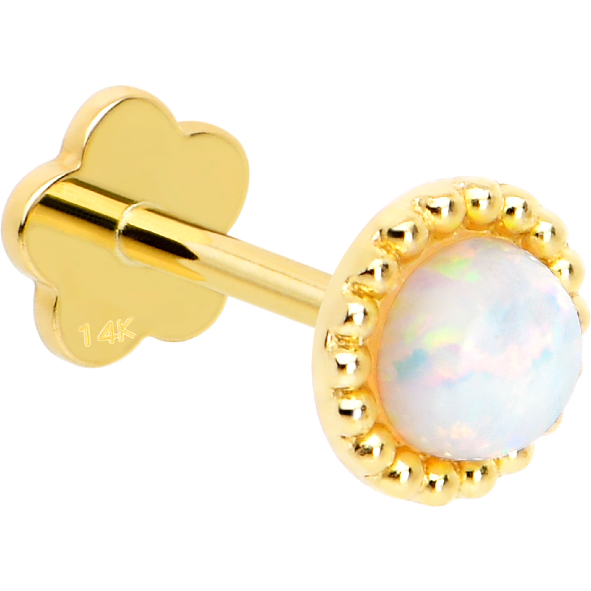 14k Yellow Gold Flat Back Earring 20 gauge 3mm Synthetic Opal Floral Reversible