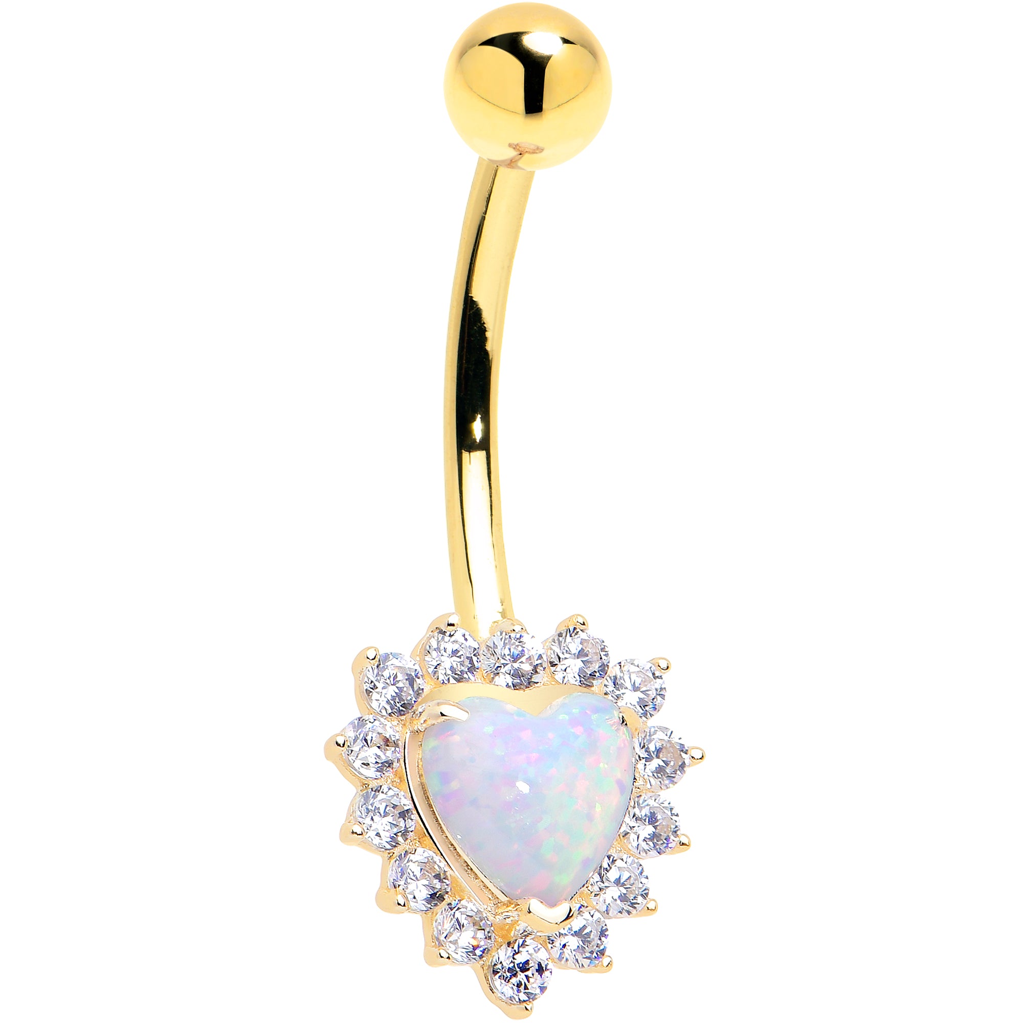 16 Gauge Solid 14kt Yellow Gold Zirconia Opal Heart Belly Ring