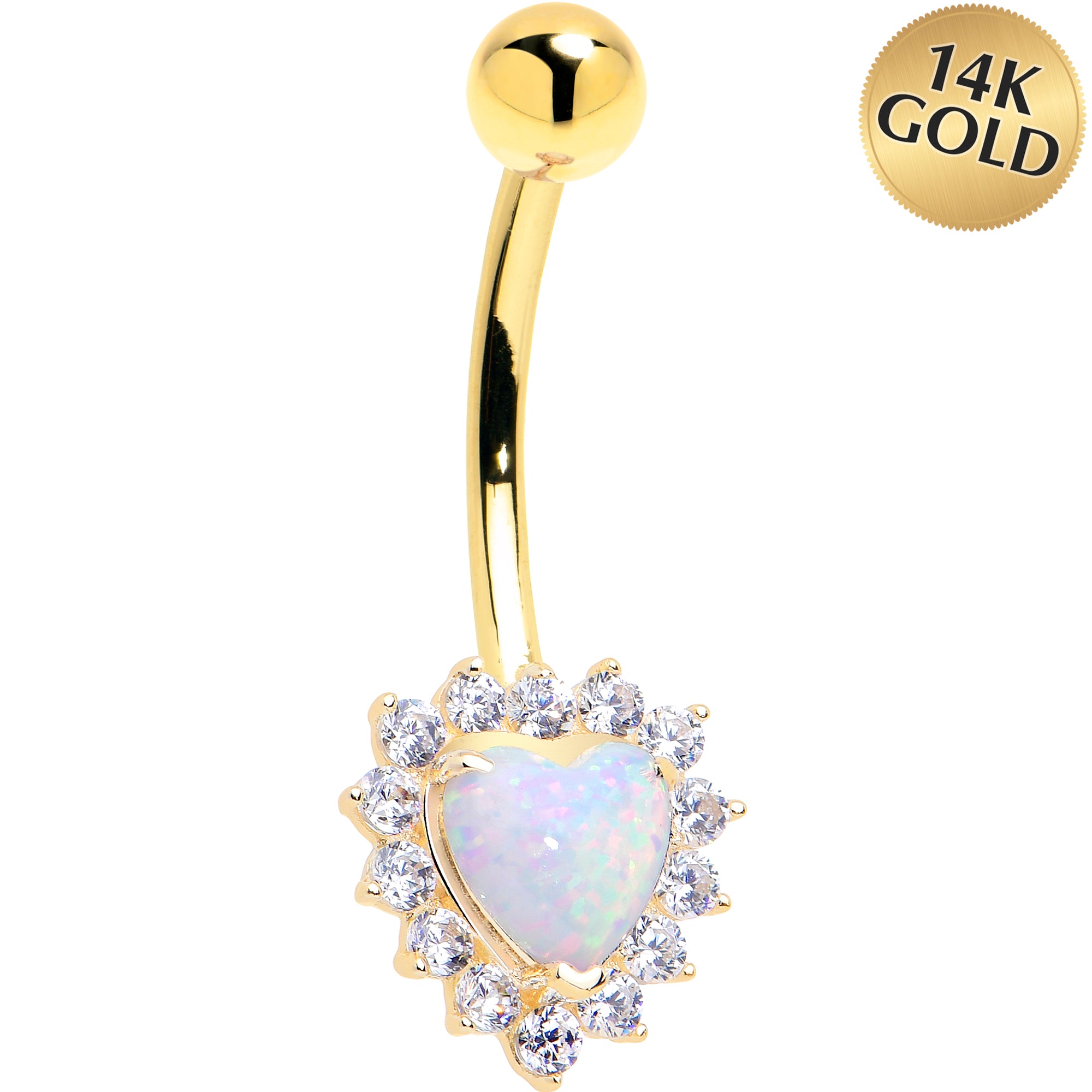 16 Gauge Solid 14kt Yellow Gold Zirconia Opal Heart Belly Ring