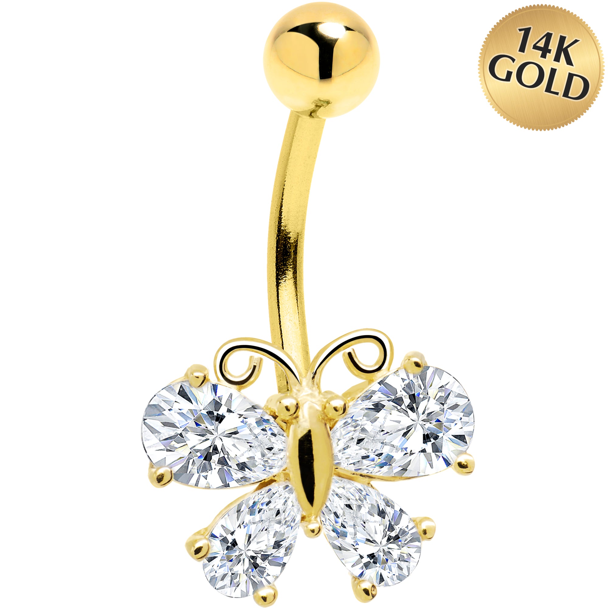 16 Gauge Solid 14kt Yellow Gold Cubic Zirconia Butterfly Belly Ring