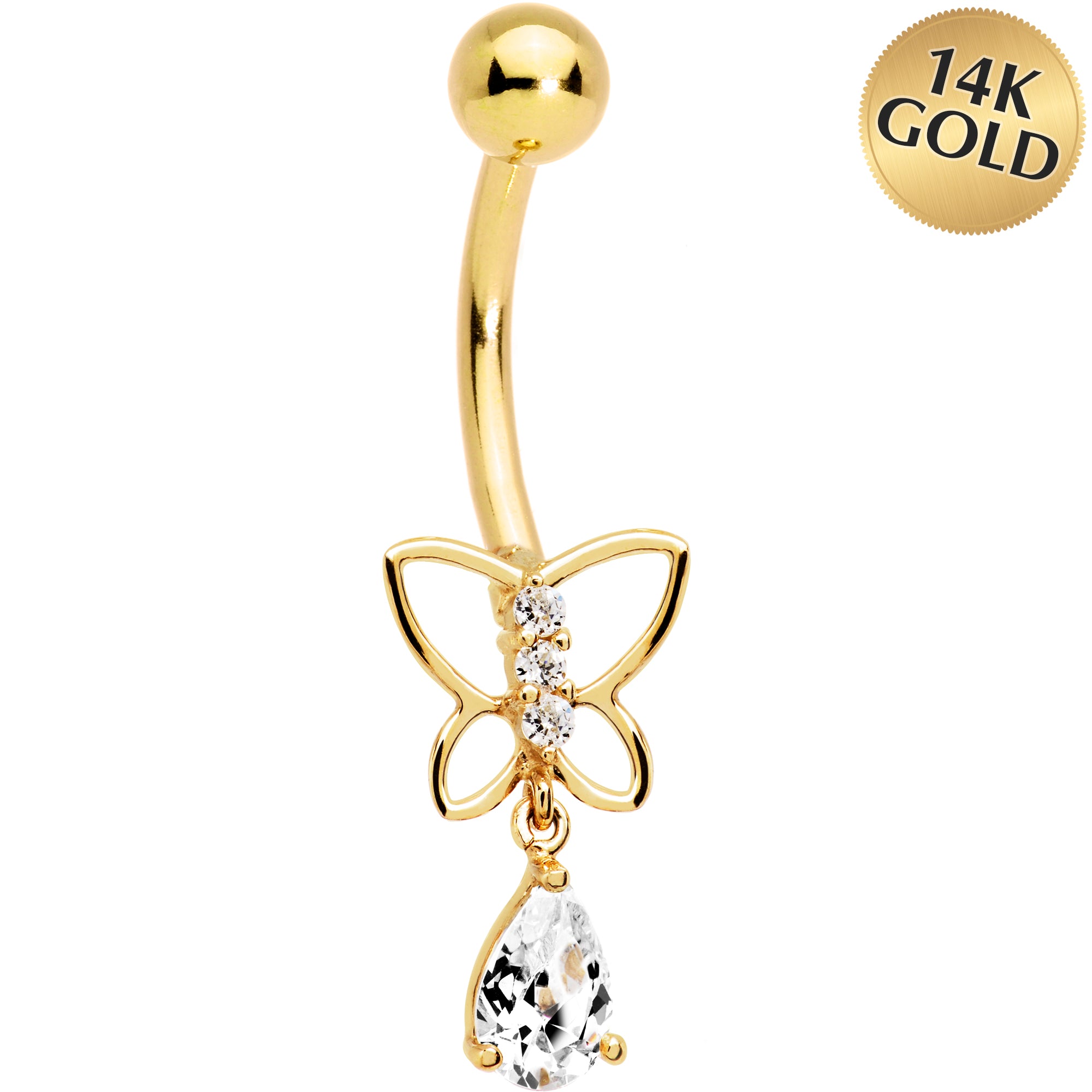 16 Gauge Solid 14kt Yellow Gold Butterfly Teardrop Belly Ring