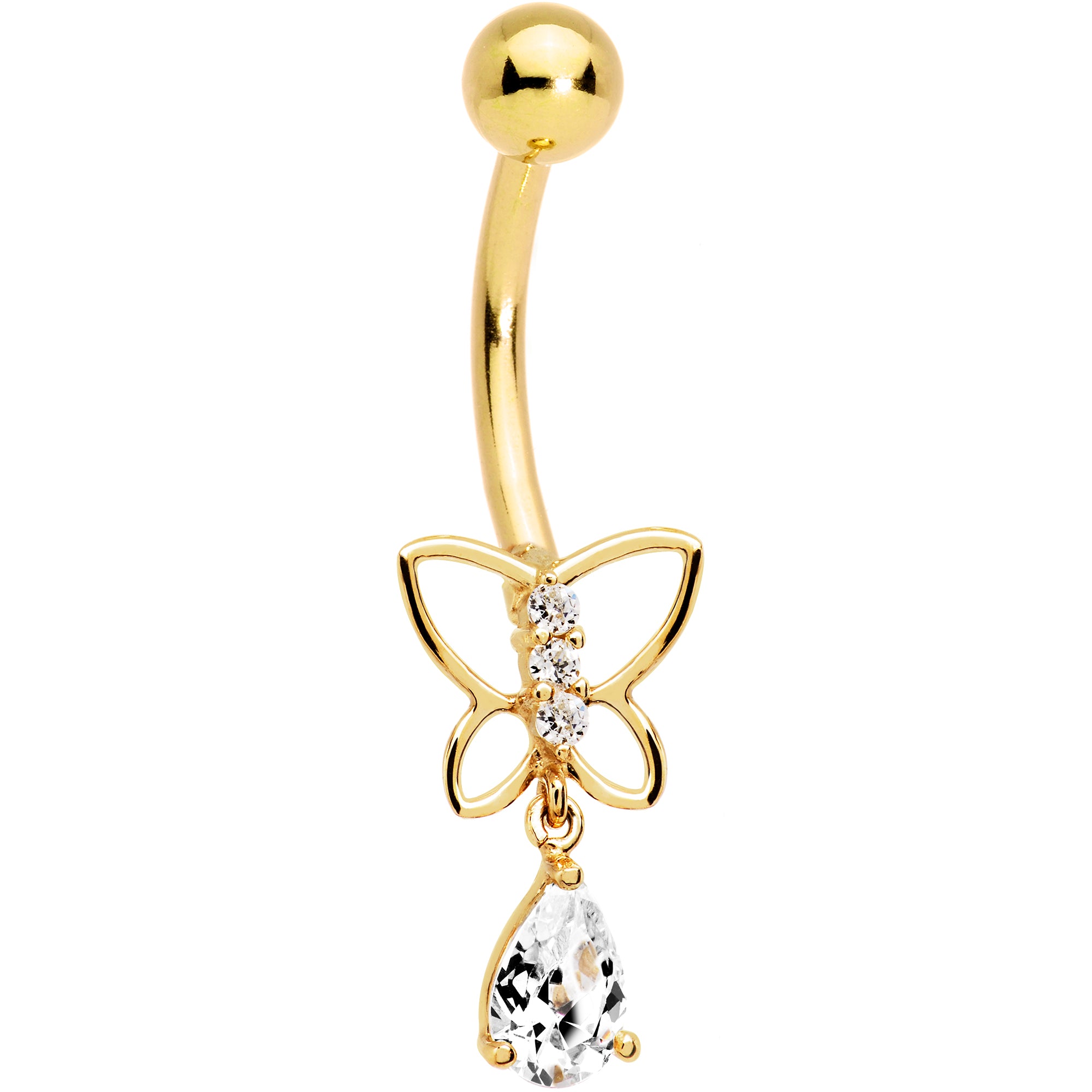 16 Gauge Solid 14kt Yellow Gold Butterfly Teardrop Belly Ring