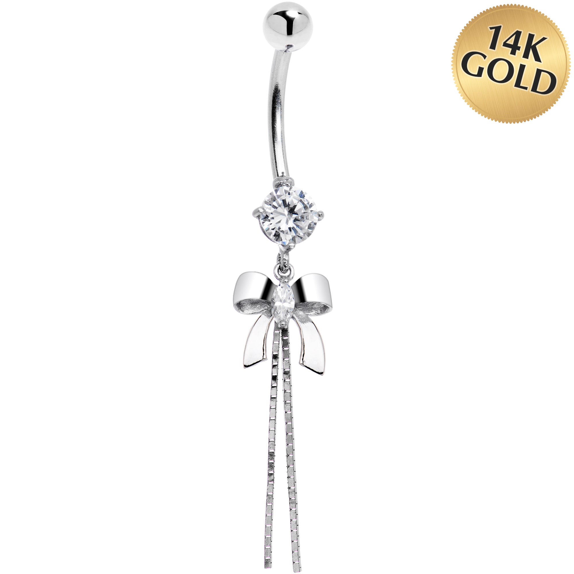 16 Gauge Solid 14kt White Gold Cubic Zirconia Bow Belly Ring