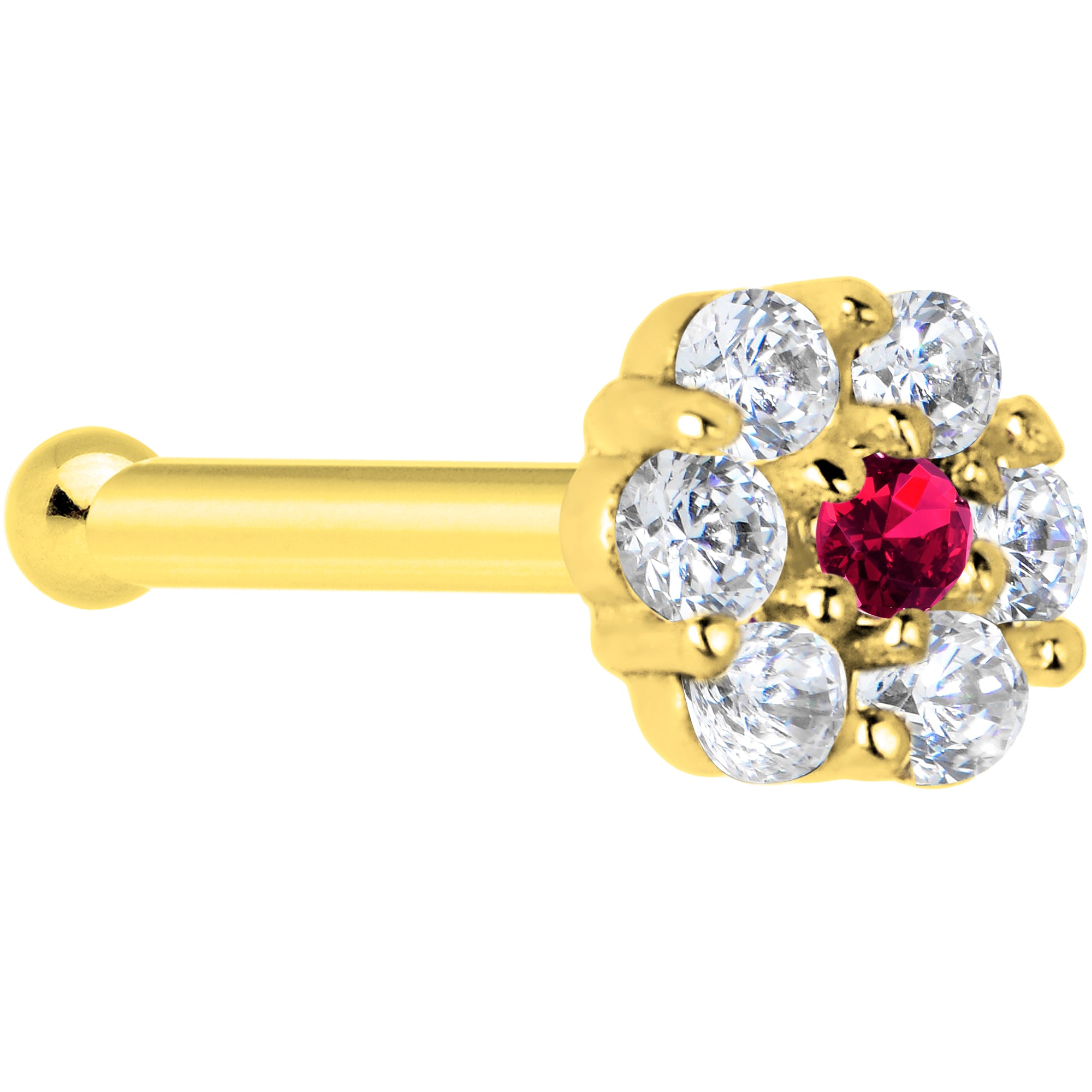 Solid 14KT Yellow Gold Clear Red CZ Flower Nose Bone