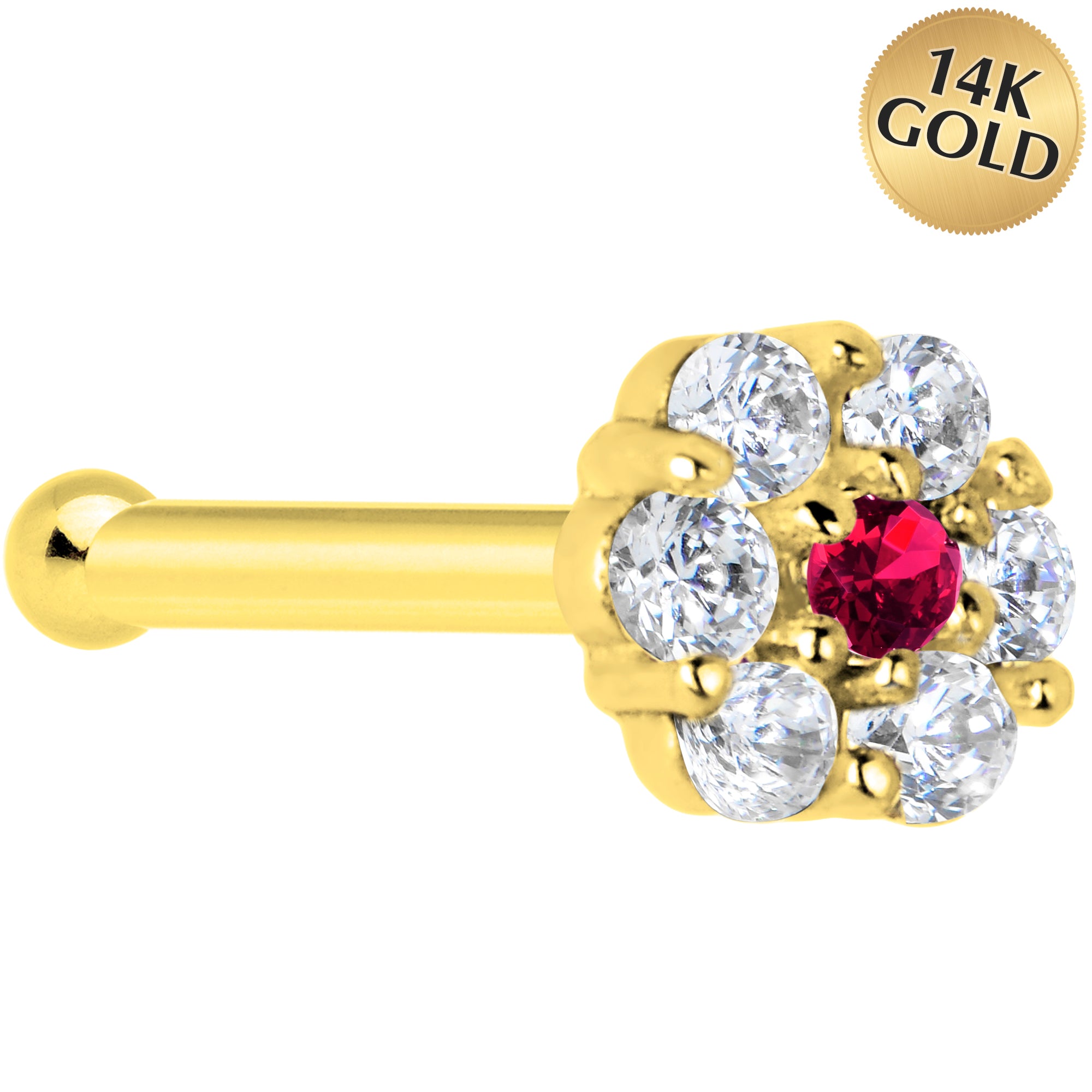 Solid 14KT Yellow Gold Clear Red CZ Flower Nose Bone