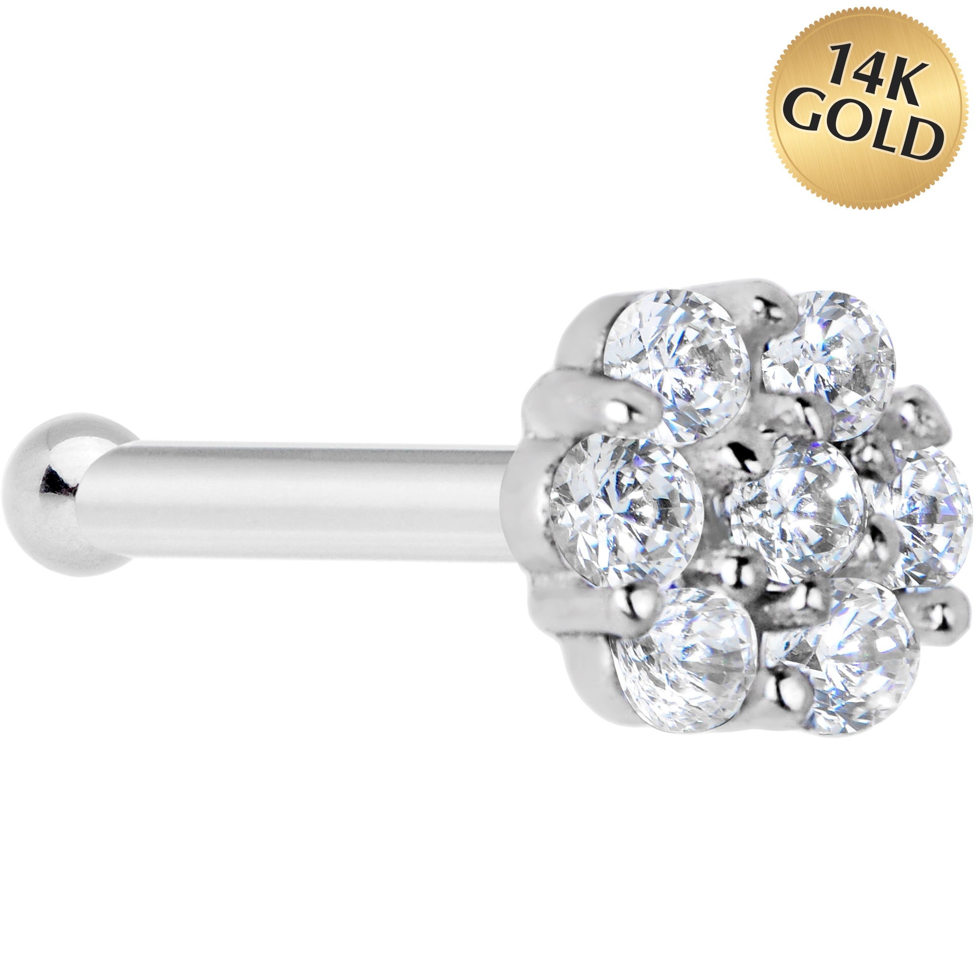 Solid 14KT White Gold Clear CZ Flower Nose Bone