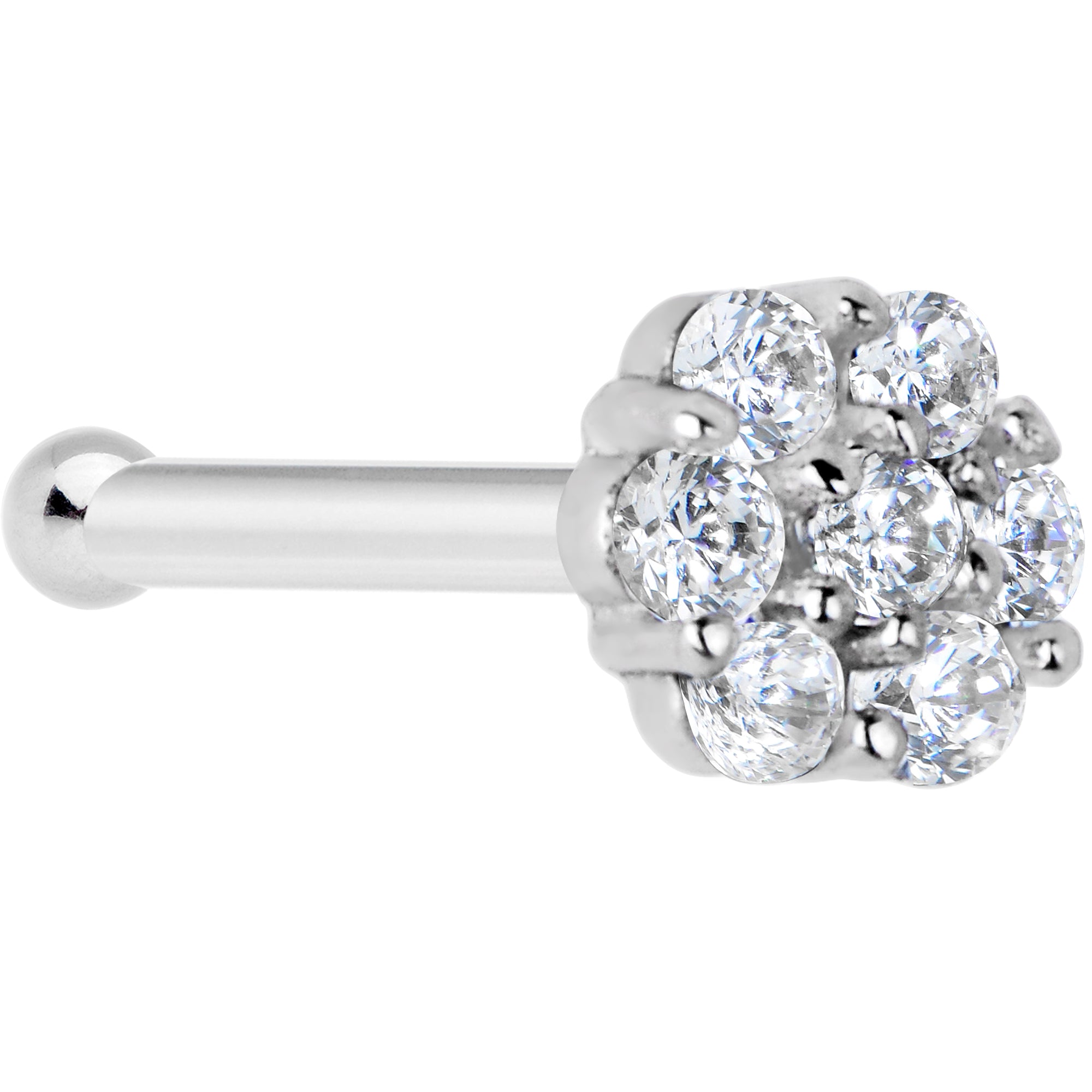 Solid 14KT White Gold Clear CZ Flower Nose Bone