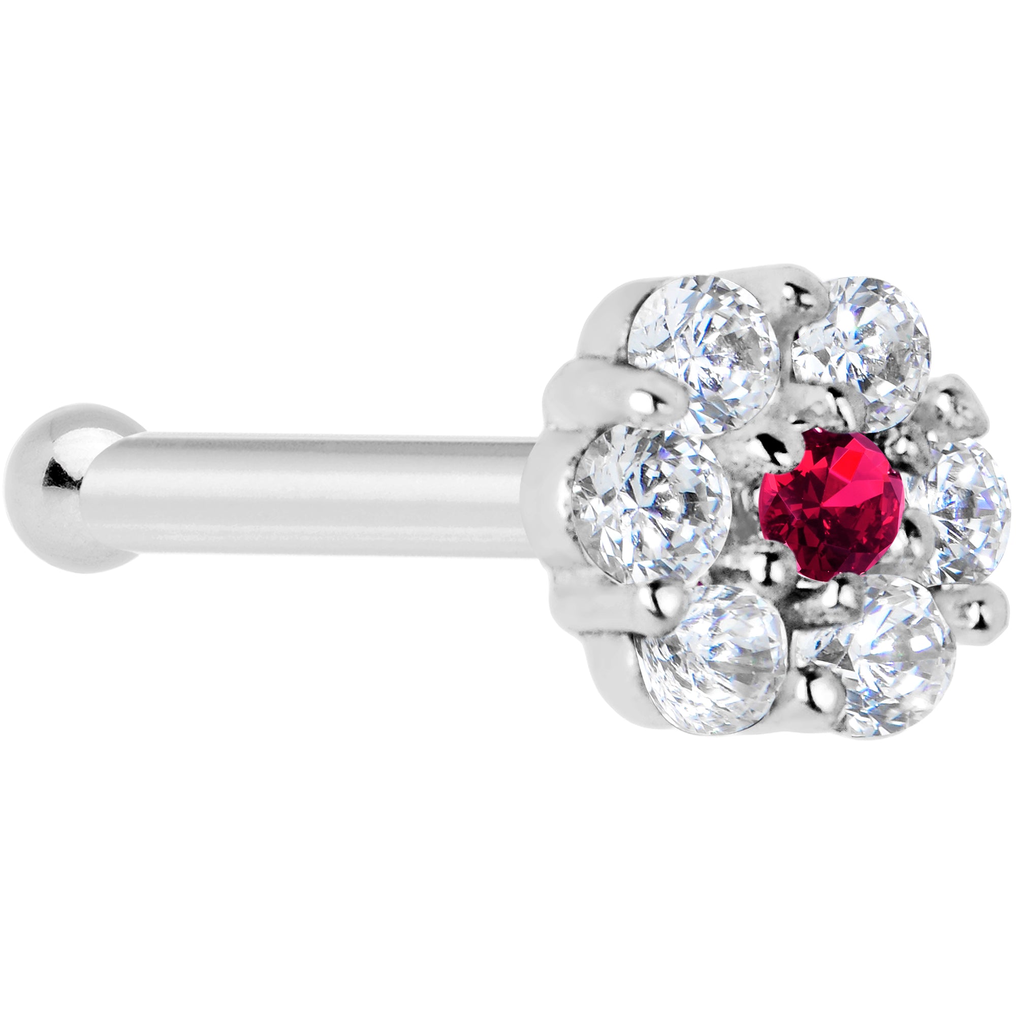 Solid 14KT White Gold Red Clear CZ Flower Nose Bone